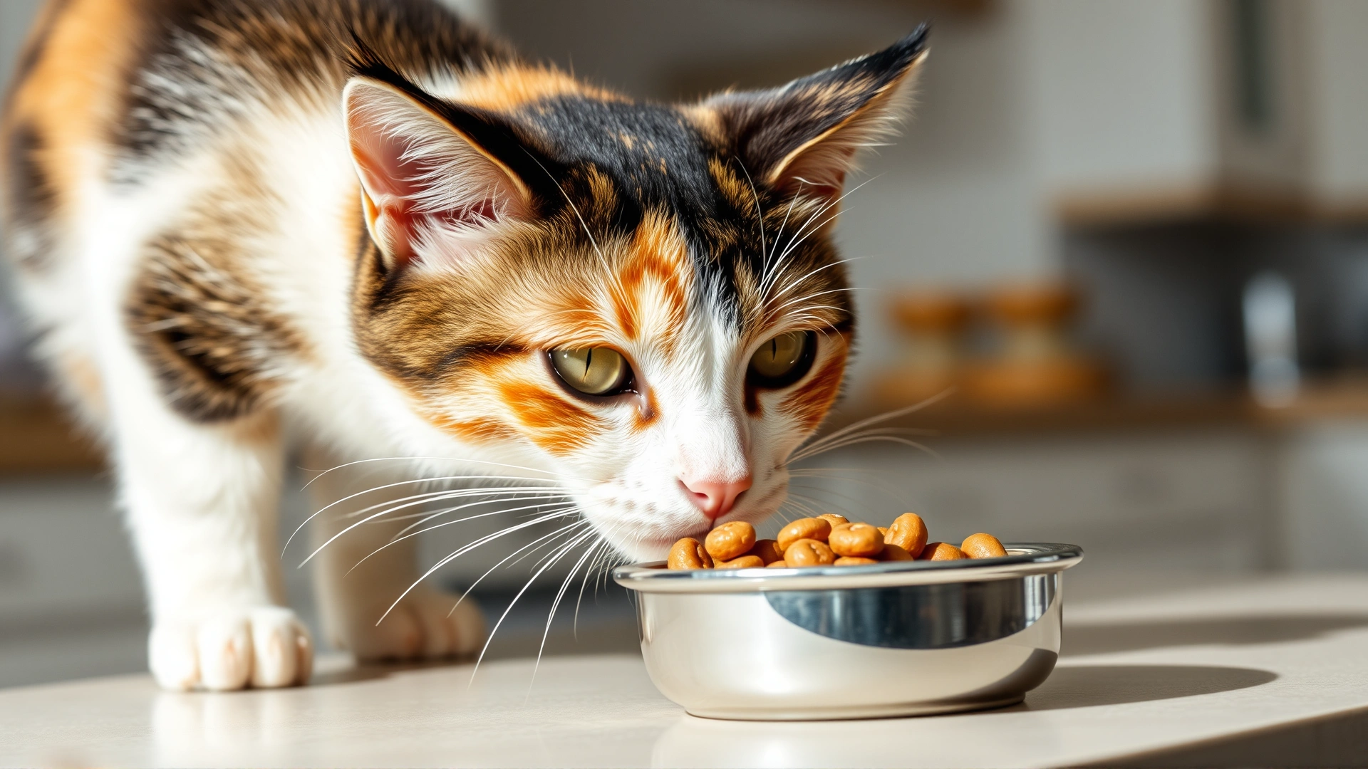 Close-up of a curious calico cat sniffing a bowl of wet food on a kitchen counter, representing regained appetite, bright and airy background
