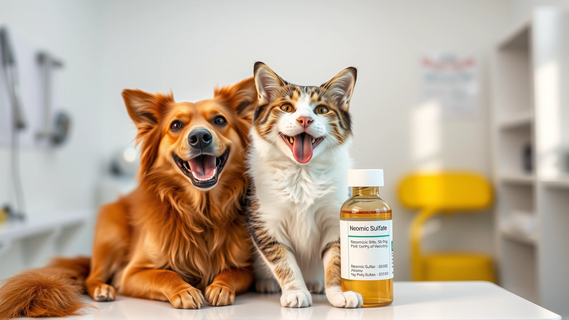 Happy dog and cat sitting together next to a neatly arranged bottle of pet medication labeled 'Neomycin Sulfate' on a clean white table in a veterinary clinic setting, soft natural lighting