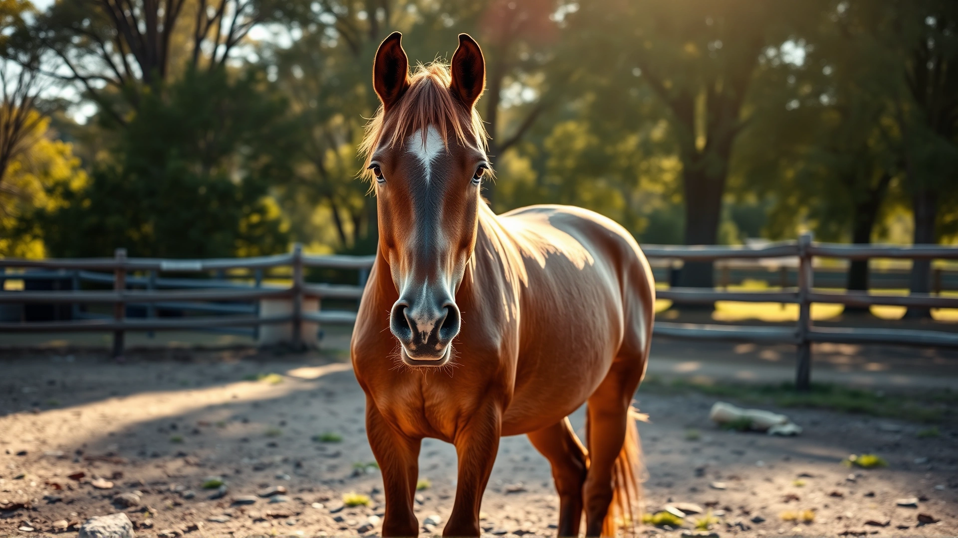 Wide-angle photo of a healthy bay horse standing in a sunny paddock, with subtle lens flare and soft background, no text
