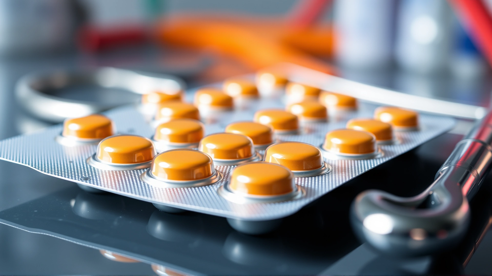 Close-up of a blister pack of pet medication tablets labeled 'Robenacoxib' with blurred veterinary instruments in background