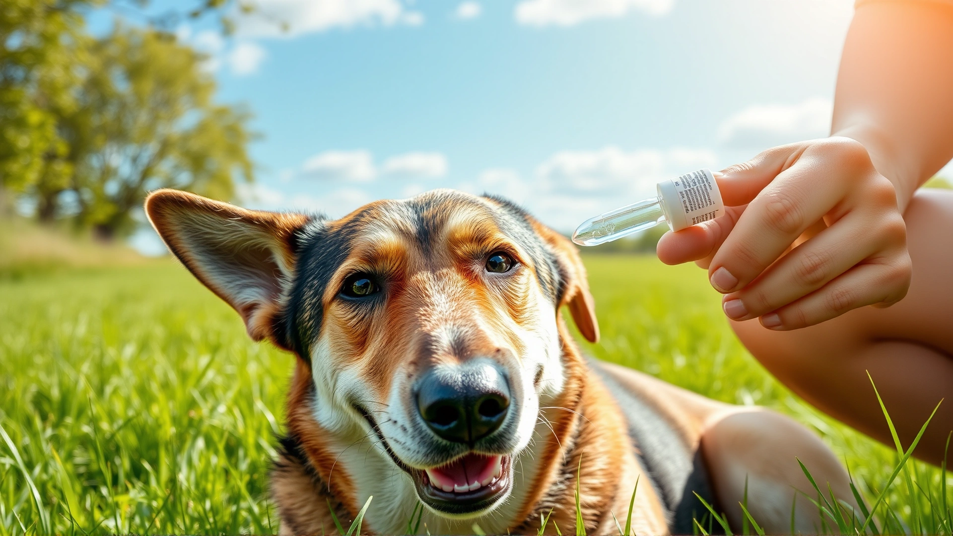 Happy dog sitting calmly while its owner holds its face near an eye drop bottle on a sunny day outdoors