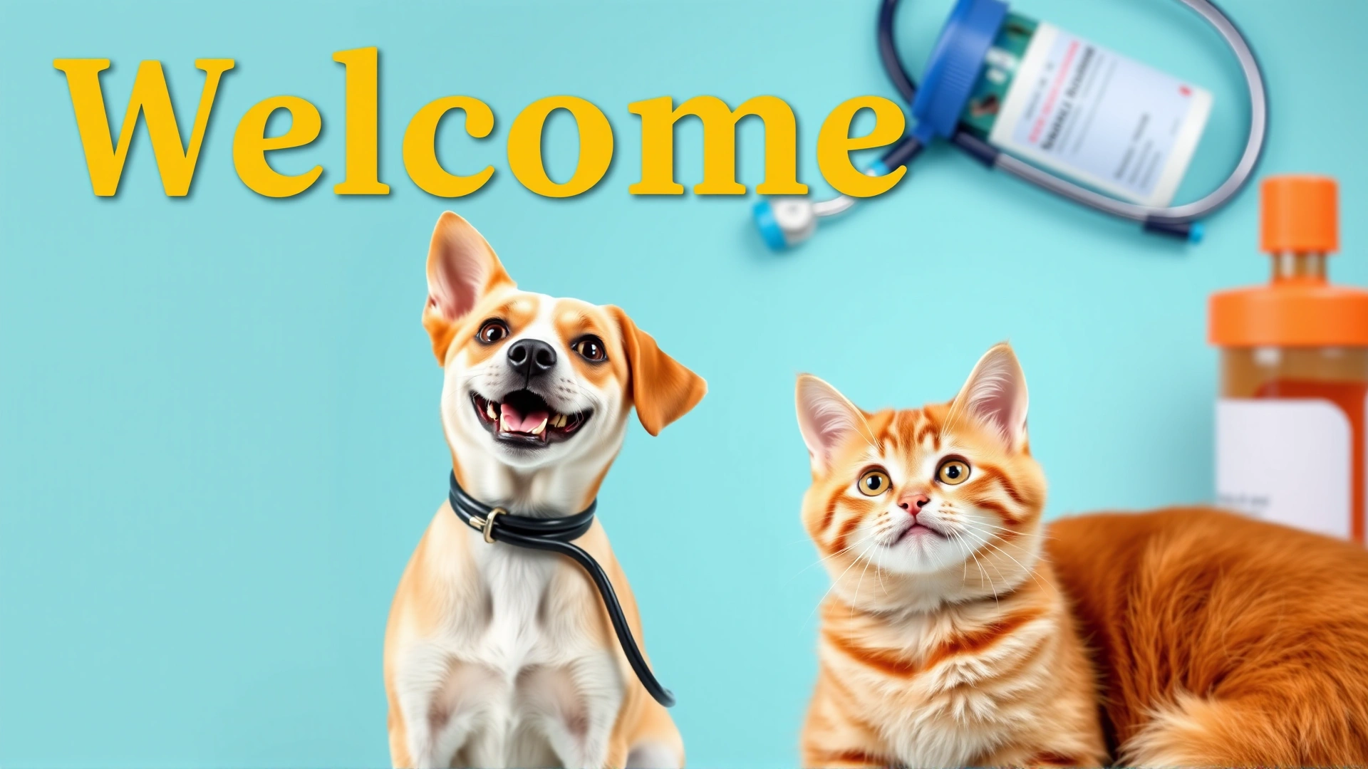 Bright, welcoming banner image showing a happy dog and cat sitting next to each other with a stethoscope and medicine bottle in the background, symbolizing veterinary care.