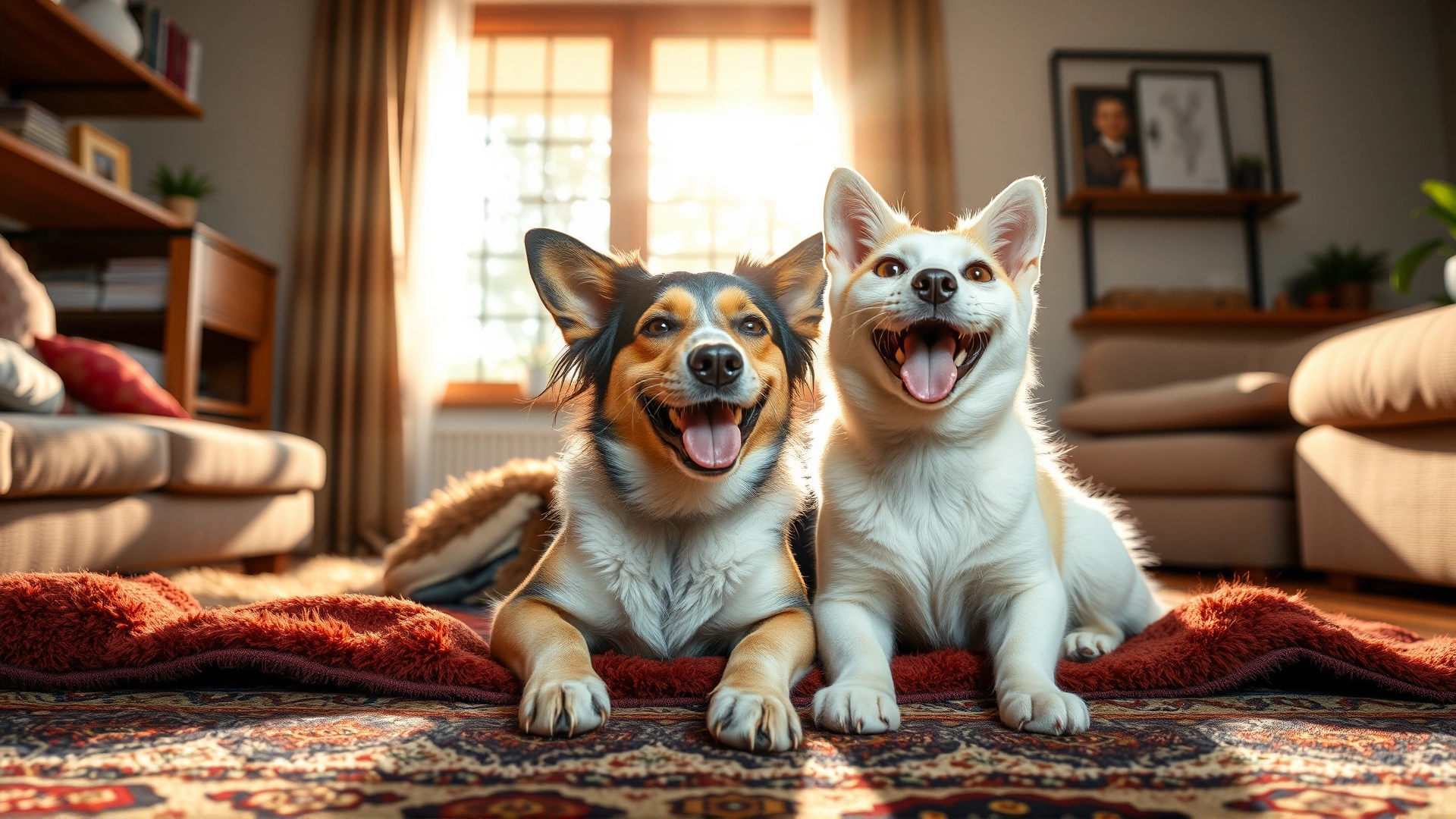 Wide banner image of happy dog and cat sitting together on a living room rug, sunlight streaming through window, high resolution, colorful