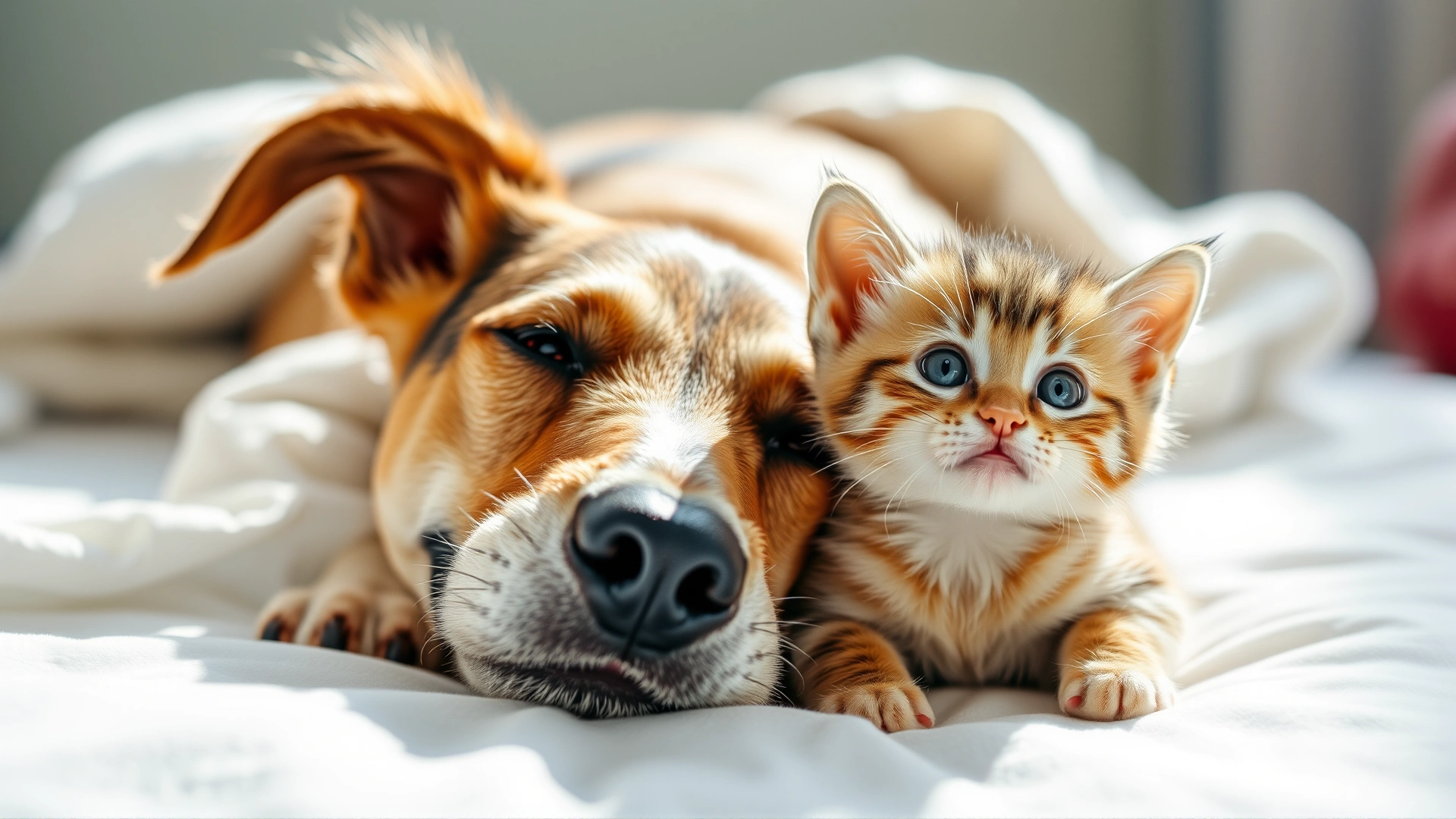 Close-up shot of a happy dog and a curious kitten lying together on a clean white blanket, both looking healthy and playful, bright natural light, high resolution