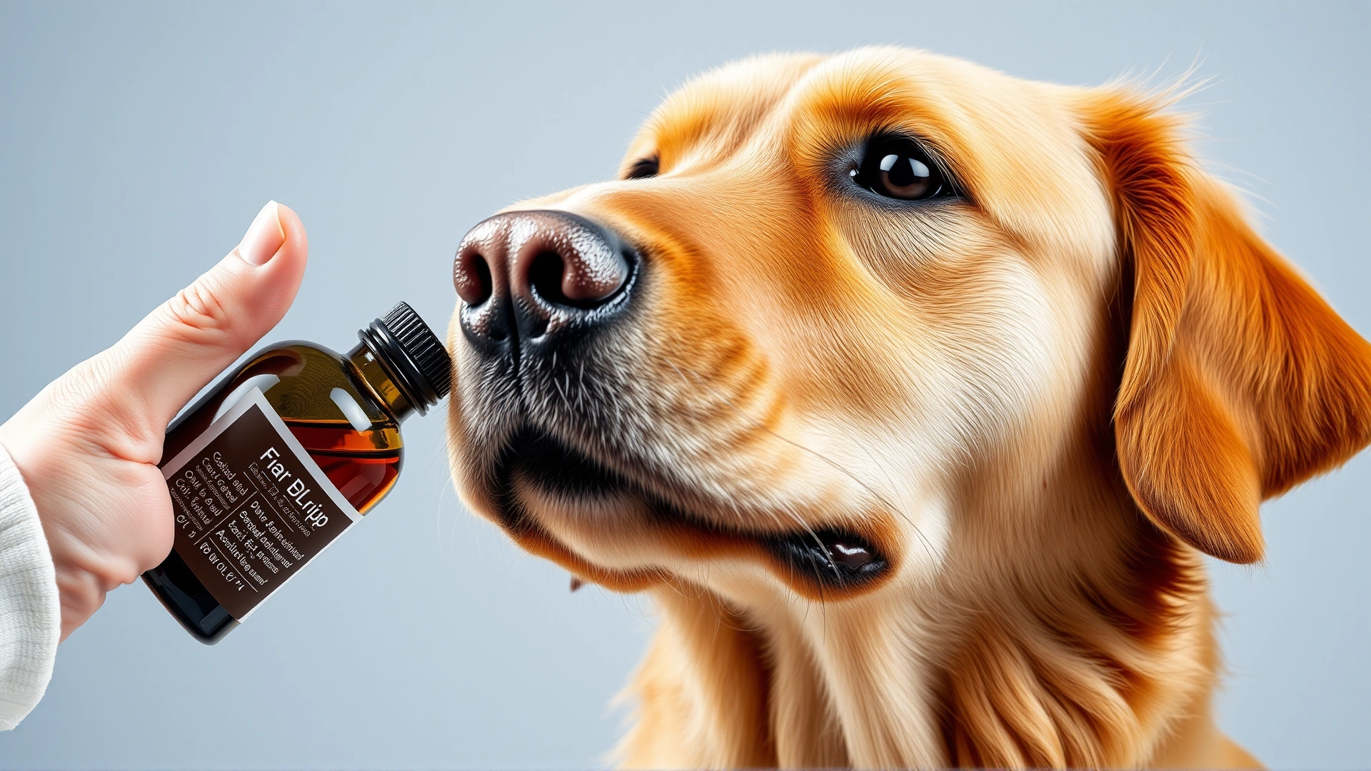 Close-up of a golden retriever tilting its head while a hand holds a bottle of ear drops next to its ear, bright background, no text