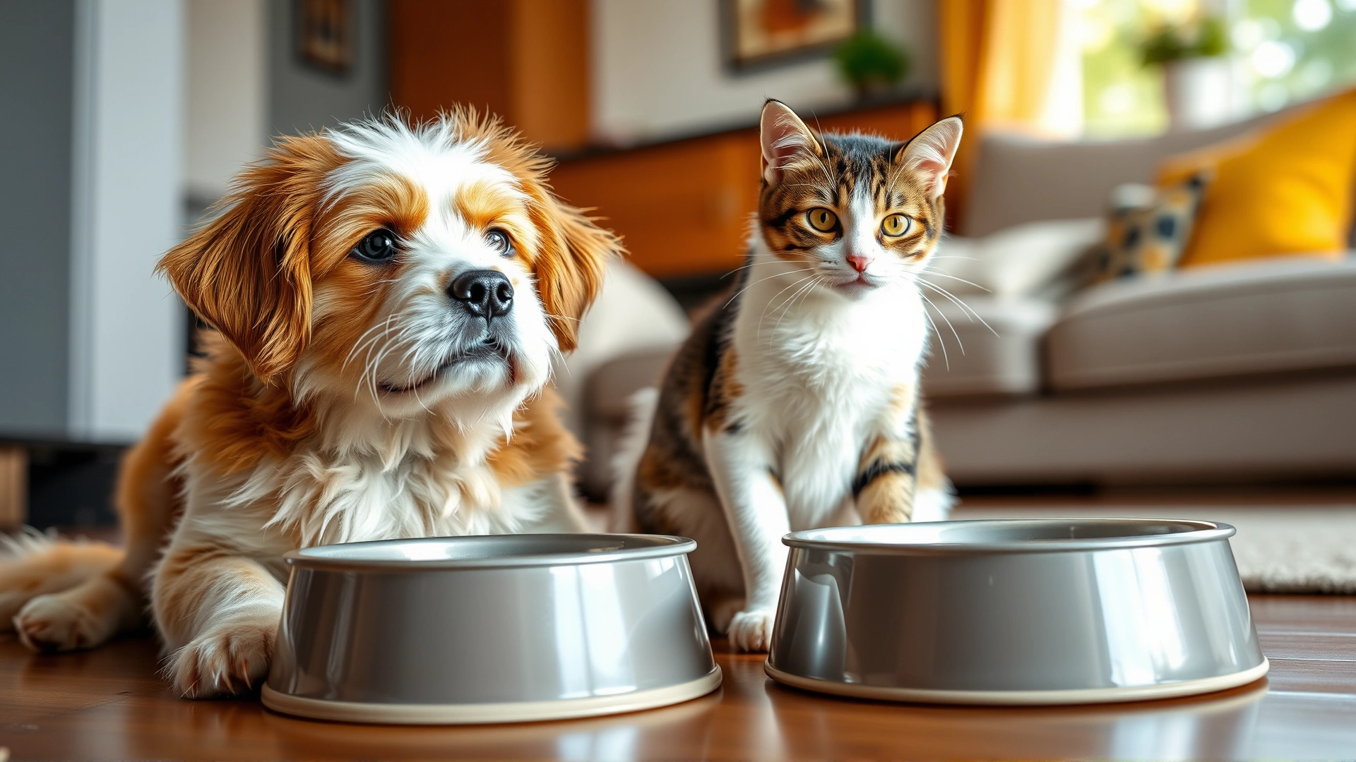 Playful dog and curious cat sitting side by side next to their water bowls in a sun-lit living room, symbolizing urinary health and hydration.