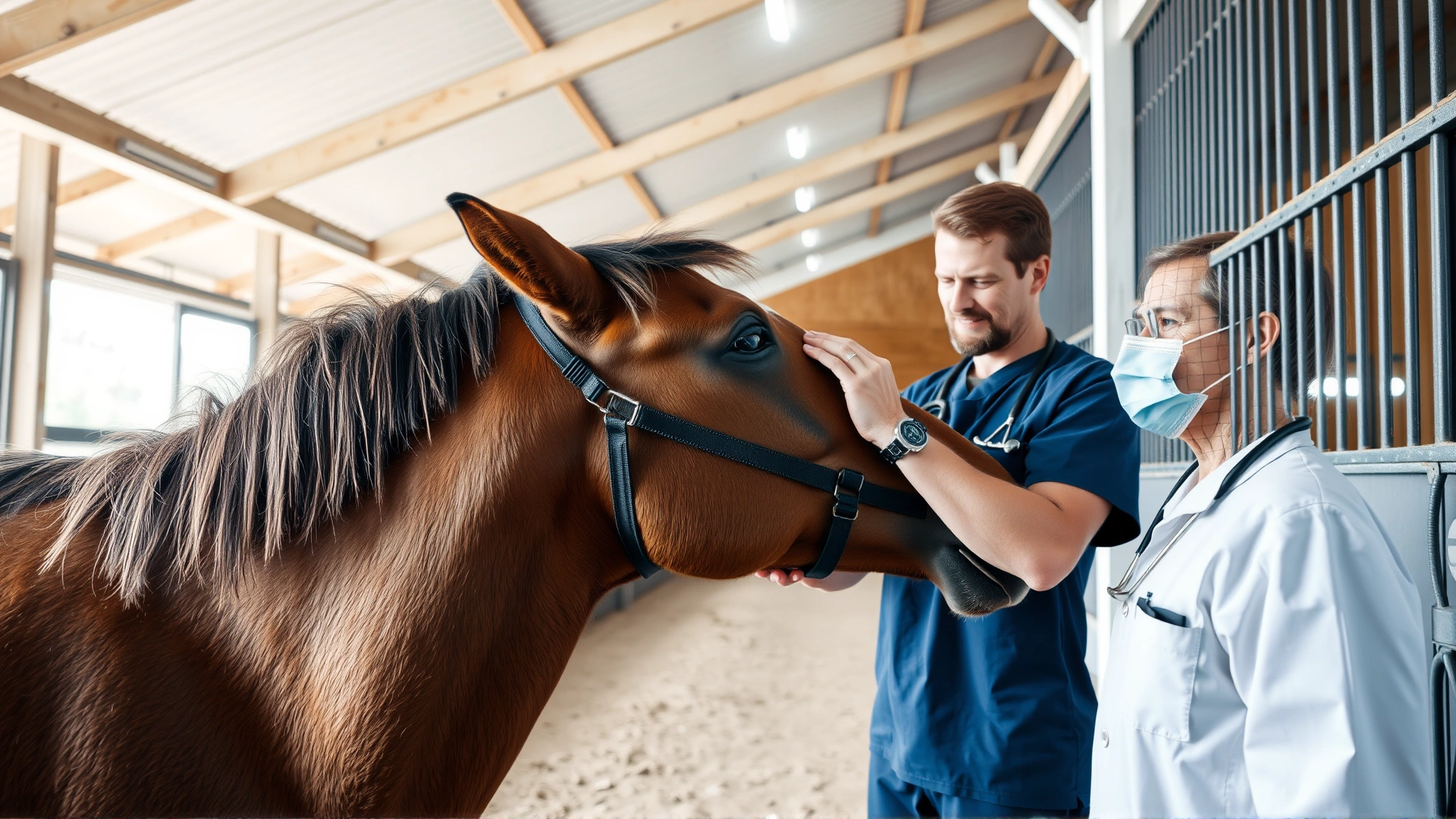 Wide-angle image of a veterinarian gently examining a horse inside a bright barn, capturing both the vet and the horse in a friendly interaction.
