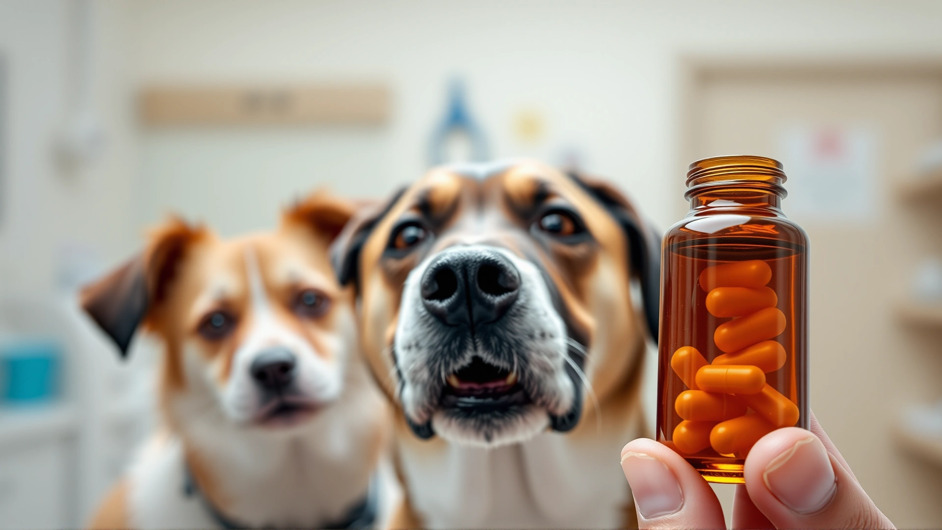 Close-up of veterinarian hand holding an amber pill bottle while a curious dog and cat look on, clinic background, shallow depth of field