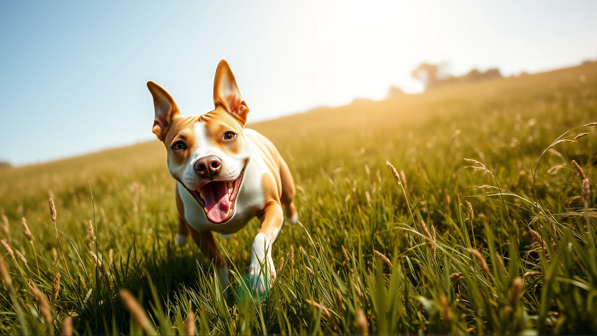 A joyful American Pit Bull Terrier running through a grassy field under bright sunlight, ears perked up, capturing energy and friendliness