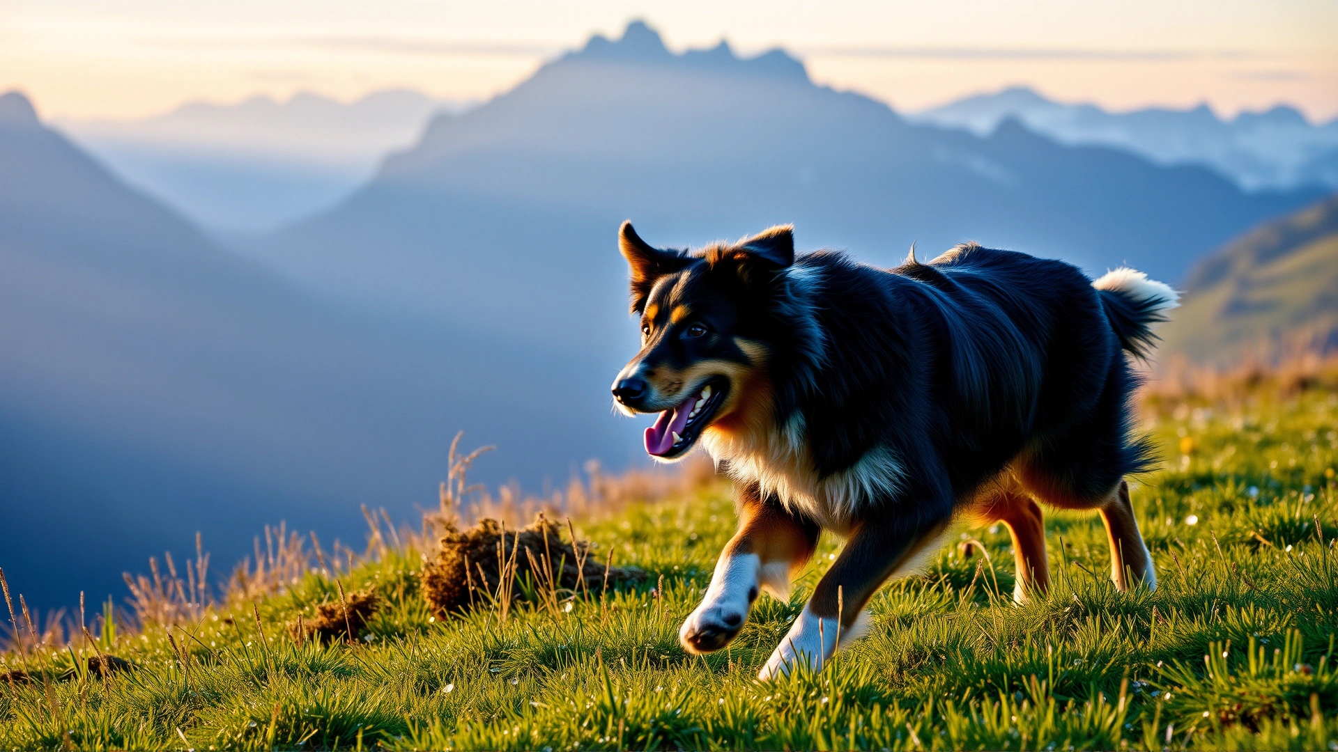 Wide shot of a Greater Swiss Mountain Dog running through a mountain meadow at sunrise with the Swiss Alps in the distance, dew on the grass, no text.
