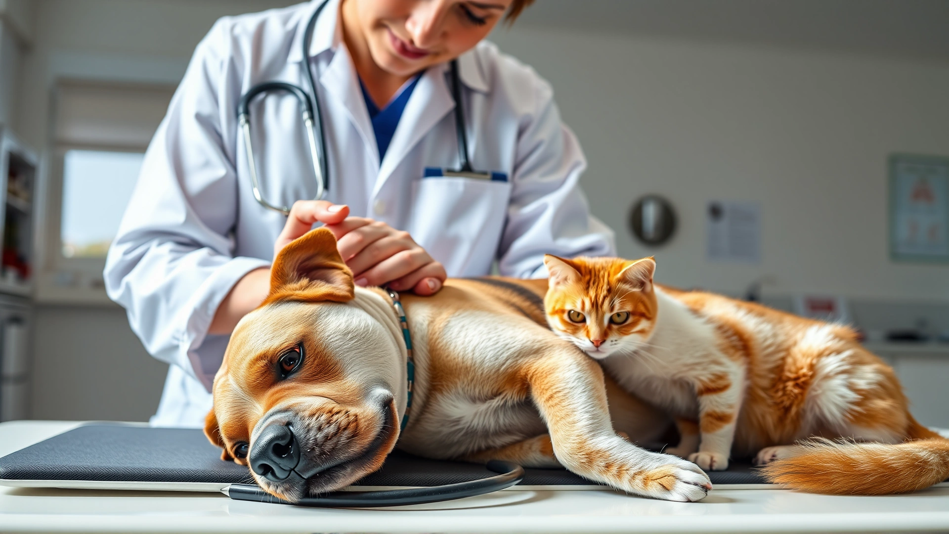 A veterinarian gently examining a medium-sized dog and a calm cat on an examination table, with a stethoscope visible, bright veterinary clinic setting, no text