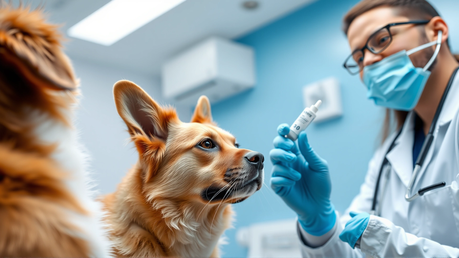 Close-up, horizontal image of a veterinarian holding a tube of topical medication while smiling at a calm dog and cat in a clinical exam room, bright lighting, professional setting
