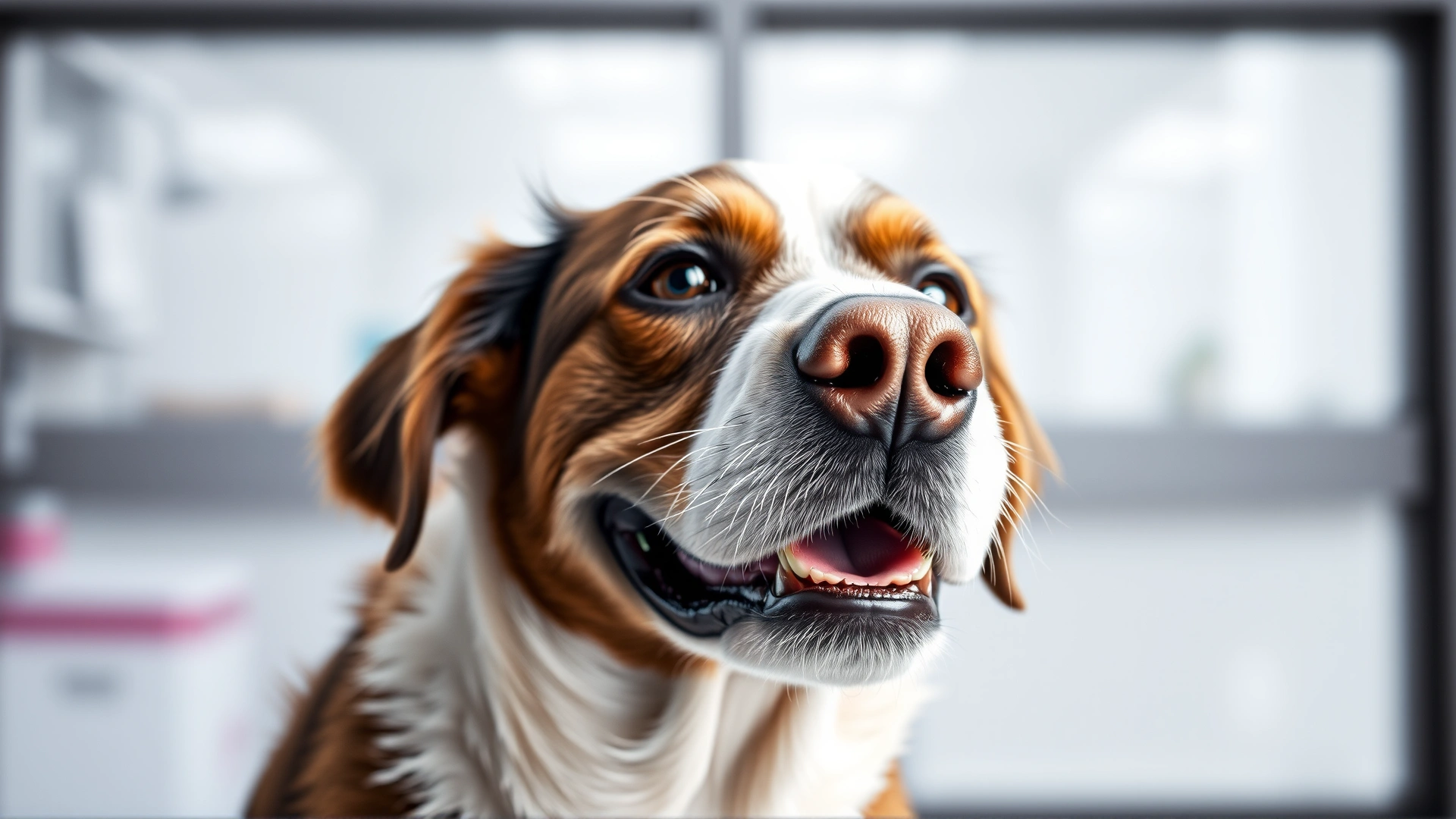 Close-up of a smiling senior dog with soft lighting and blurred veterinary clinic background, conveying hope and well-being.