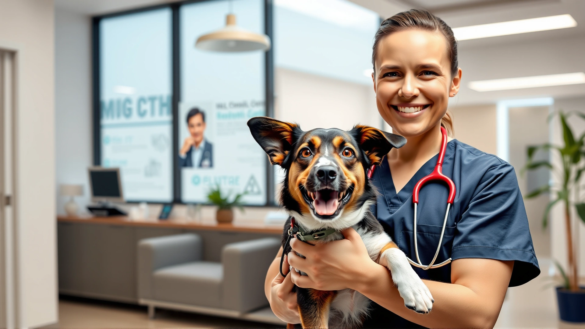 Friendly veterinarian gently holding a relaxed mixed-breed dog in a bright, modern veterinary clinic reception area