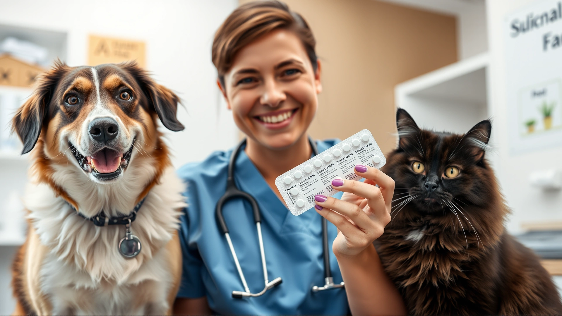 Cheerful veterinarian smiling while holding a blister pack of sucralfate tablets next to a healthy dog and cat in a modern clinic.