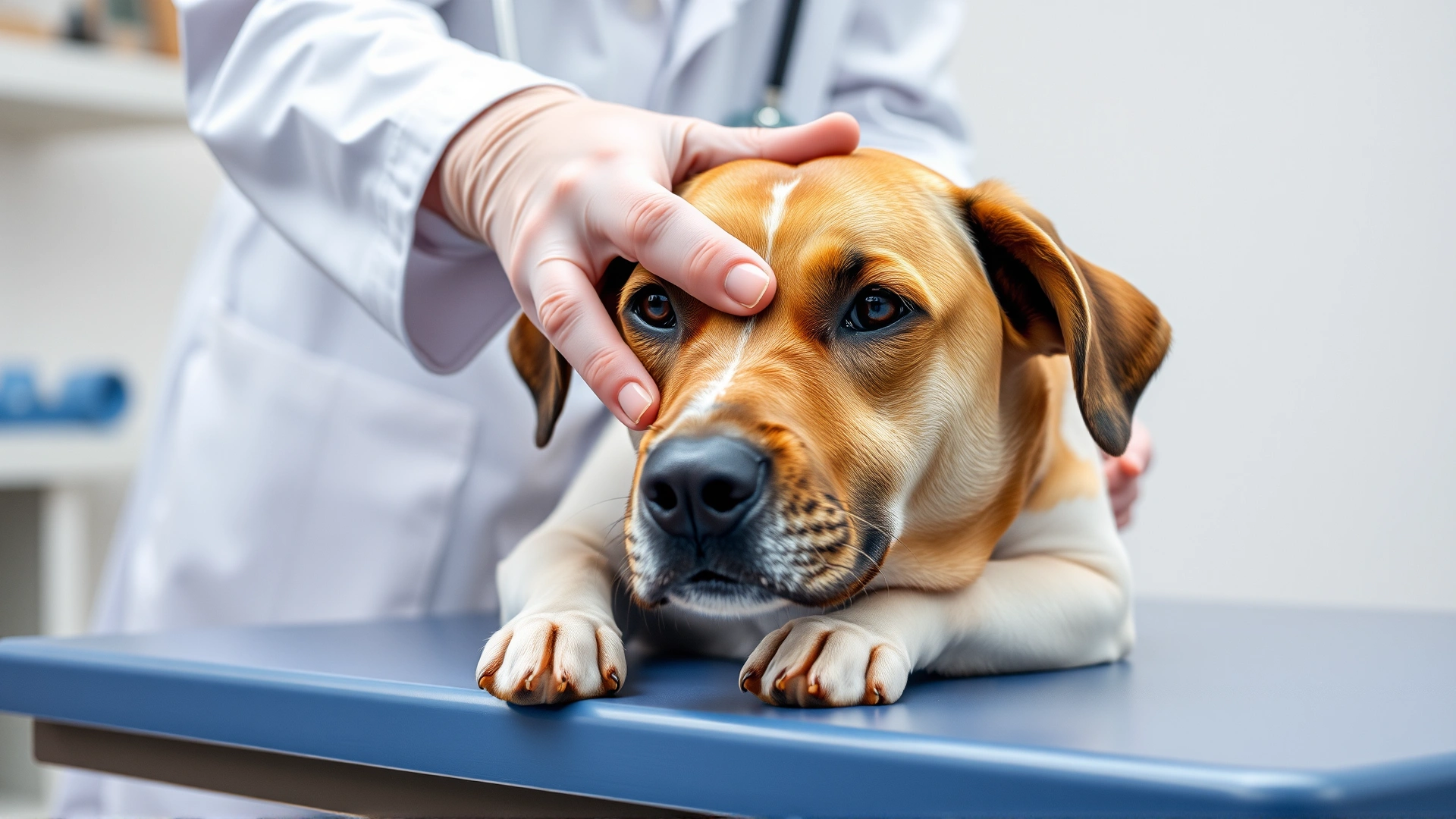 Close-up shot of a veterinarian’s hands gently patting a calm dog on an examination table, illustrating trust and medical care.