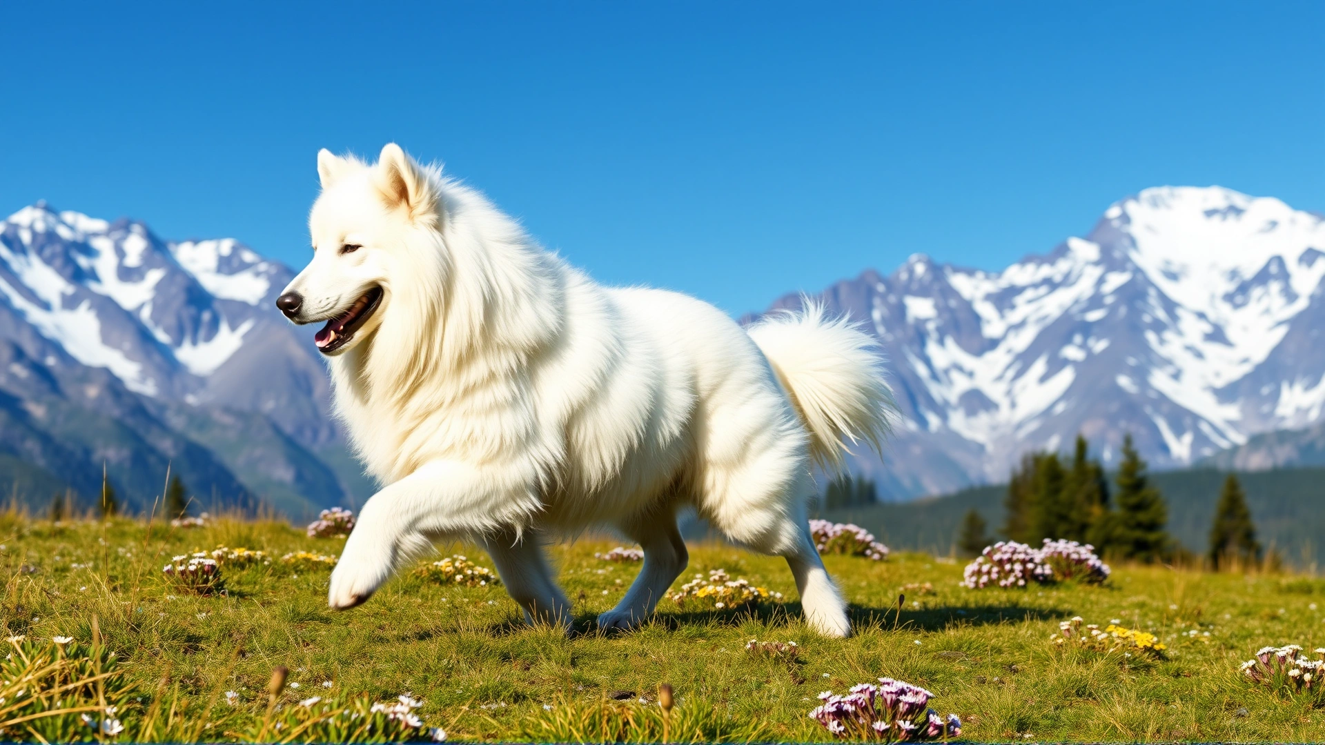 An adult Great Pyrenees trotting through an alpine meadow with snow-capped mountains in the background and a bright blue sky.