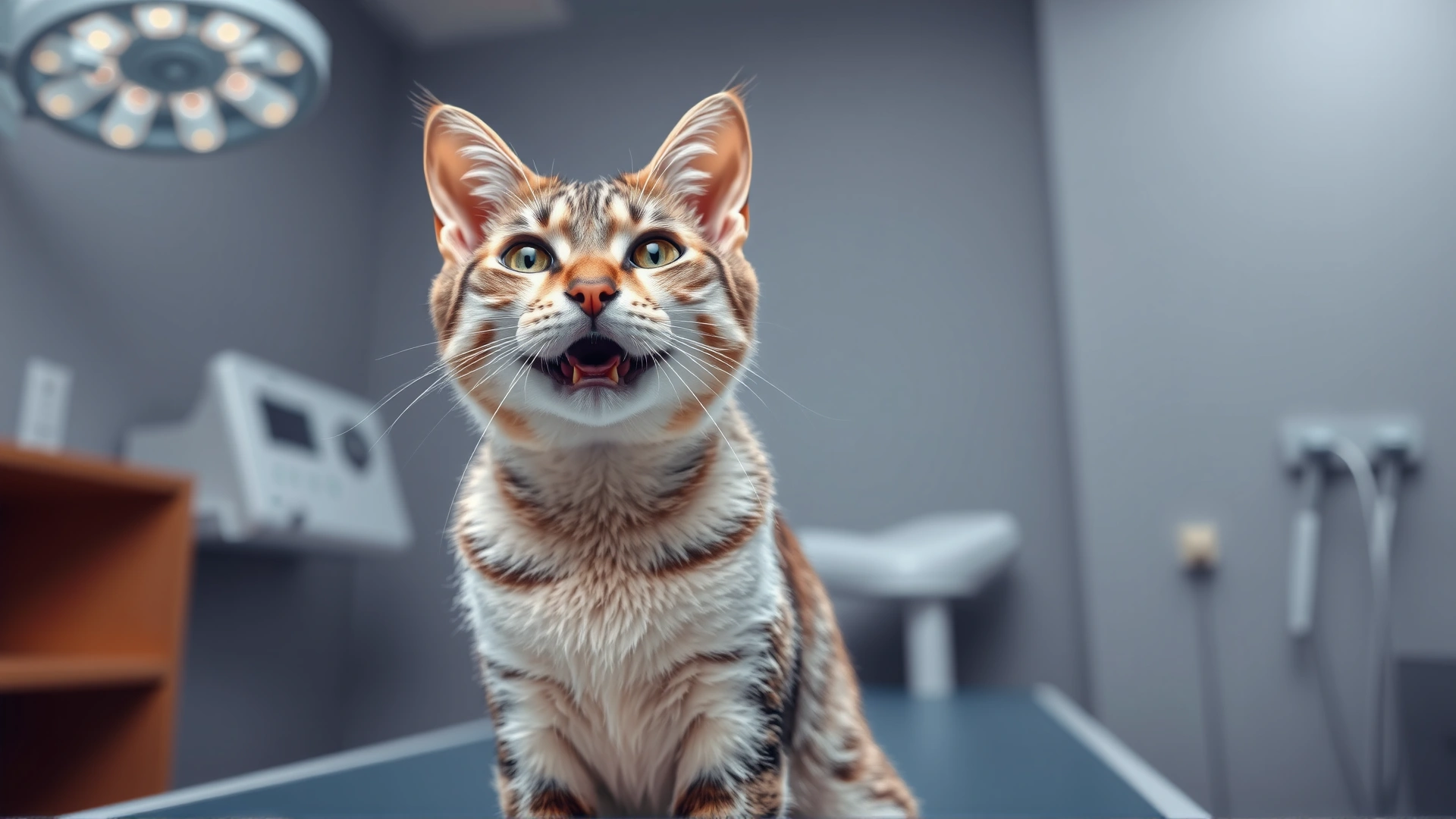 Close-up of a content domestic short-haired cat sitting on a veterinary examination table with soft clinic background lights and subtle medical equipment, giving a reassuring feel.