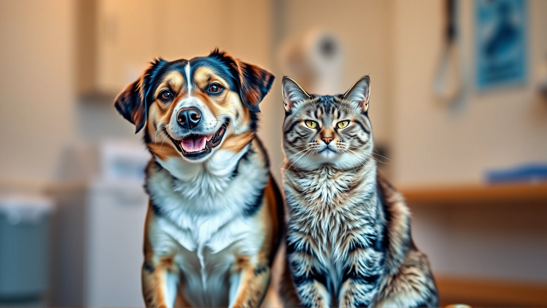 A smiling dog and calm cat sitting together with a blurred background of a veterinary clinic, representing harmony after treatment