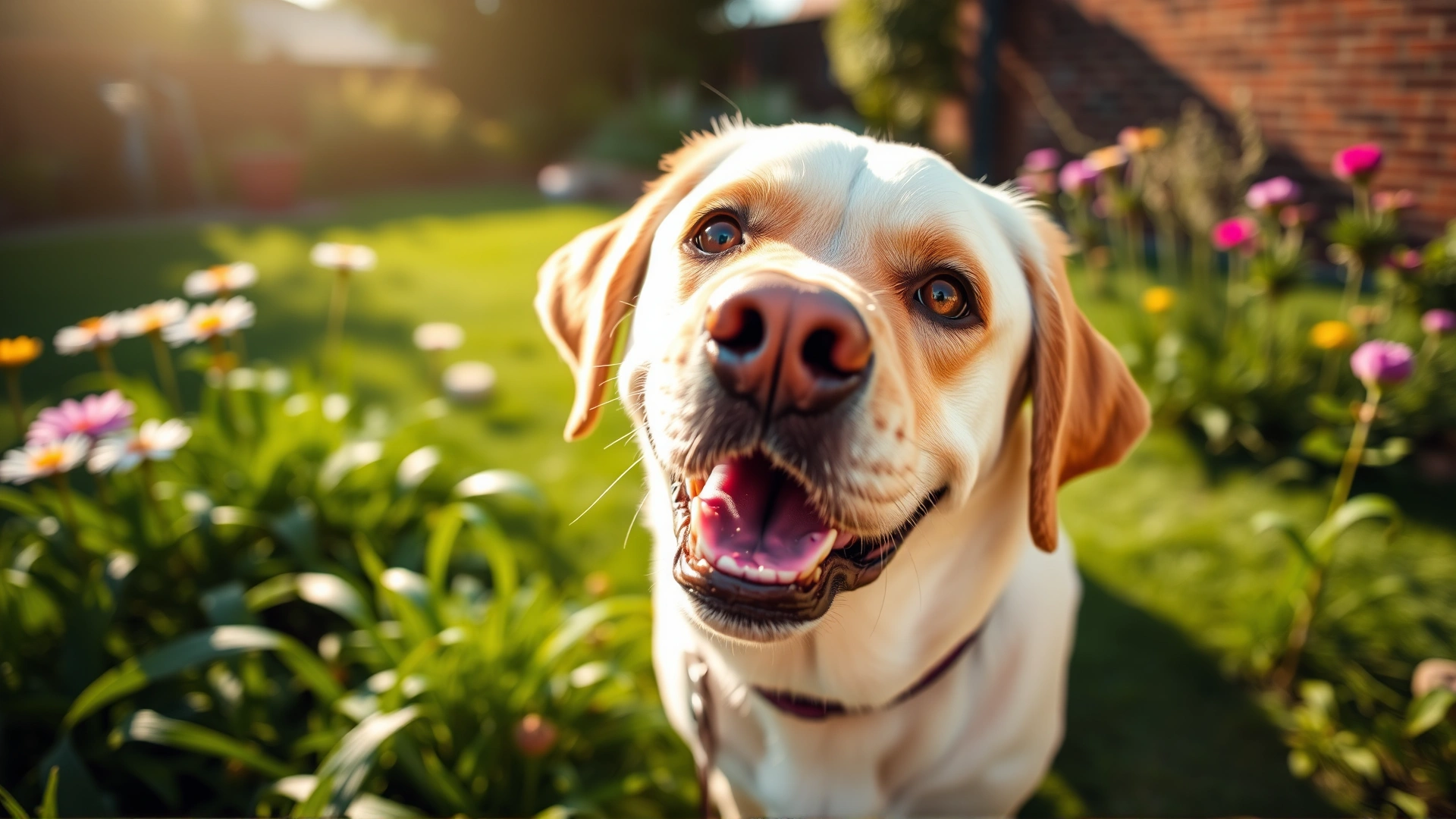 Happy Labrador dog with bright clear eyes playing in a sunlit garden, representing healthy vision after treatment.