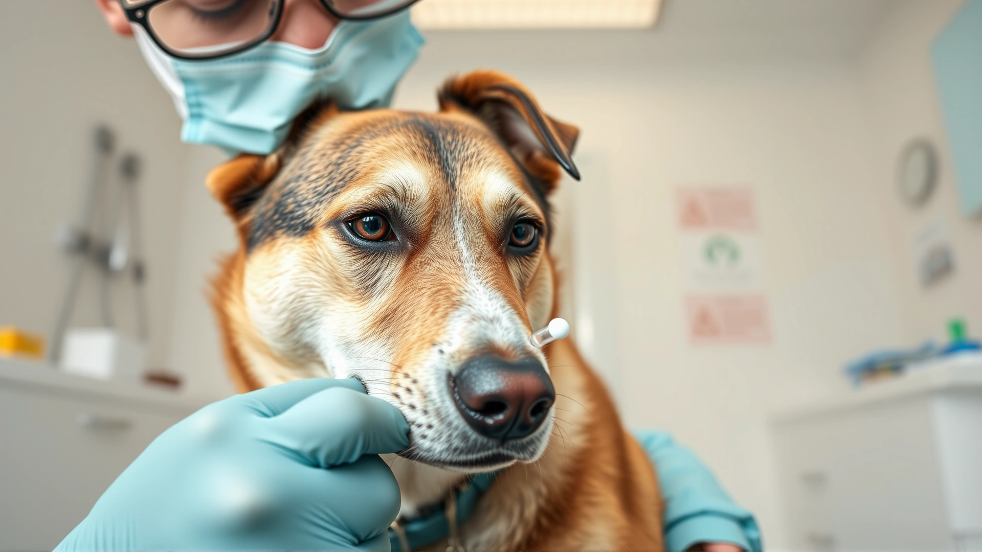 Close-up of a veterinarian gently giving a tetracycline pill to a calm medium-sized dog in a bright veterinary clinic, high-resolution, natural lighting