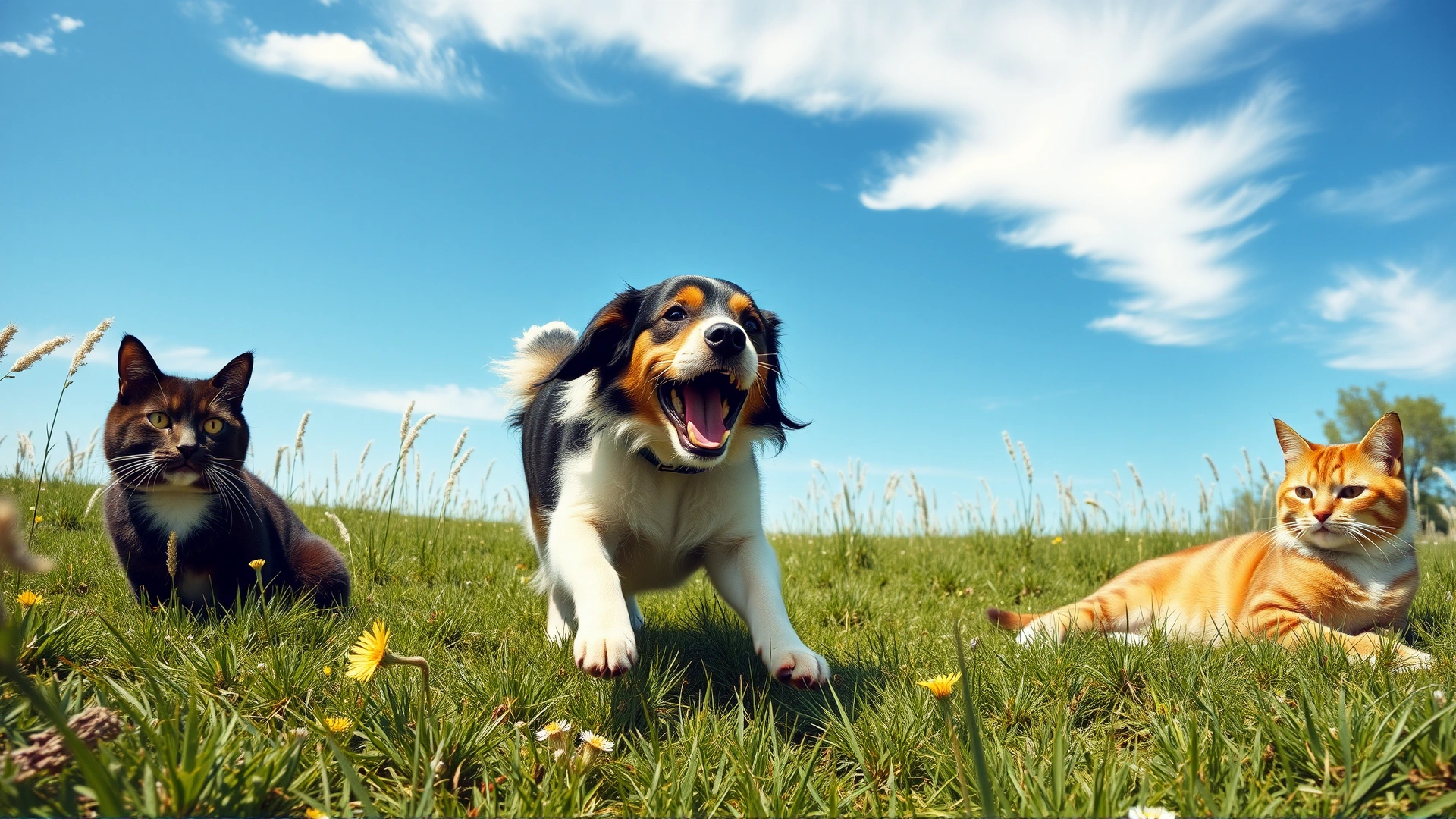 Wide horizontal shot of a dog running playfully in a meadow while a cat lounges calmly nearby, both under blue sky, symbolizing easy breathing and vitality