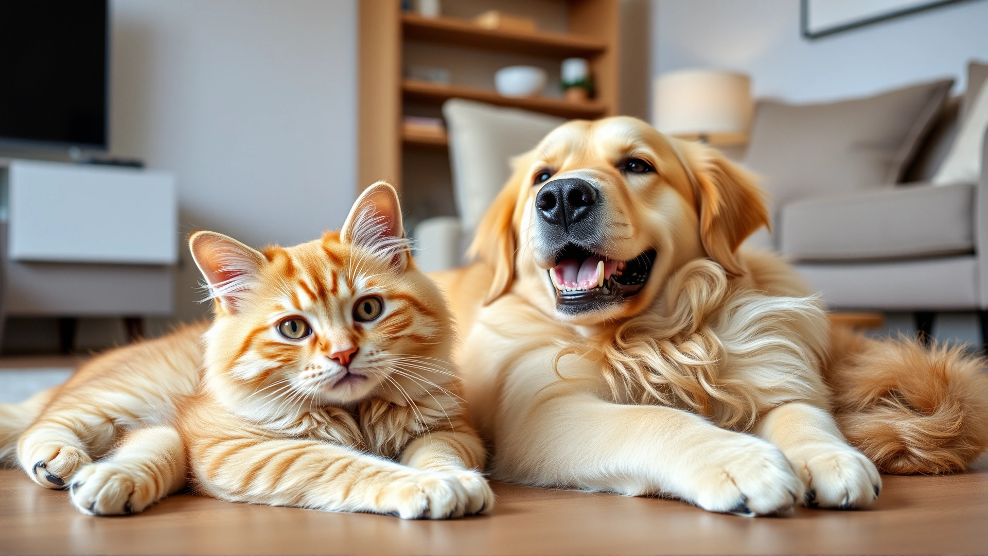 Happy domestic short-hair cat and golden retriever lying together in a modern living room, both looking healthy and relaxed