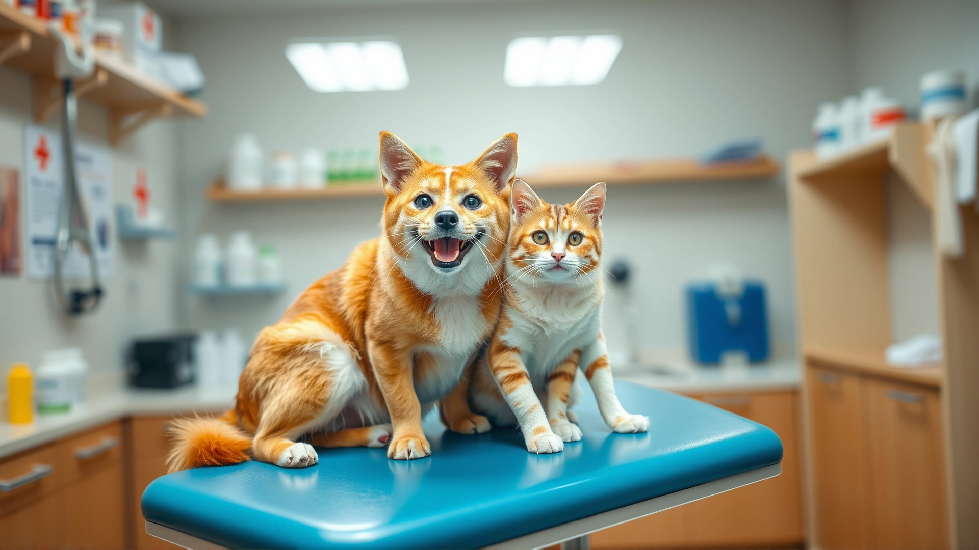 Happy dog and cat sitting together on an examination table at a veterinary clinic with blurred medicine bottles in the background, bright professional photo