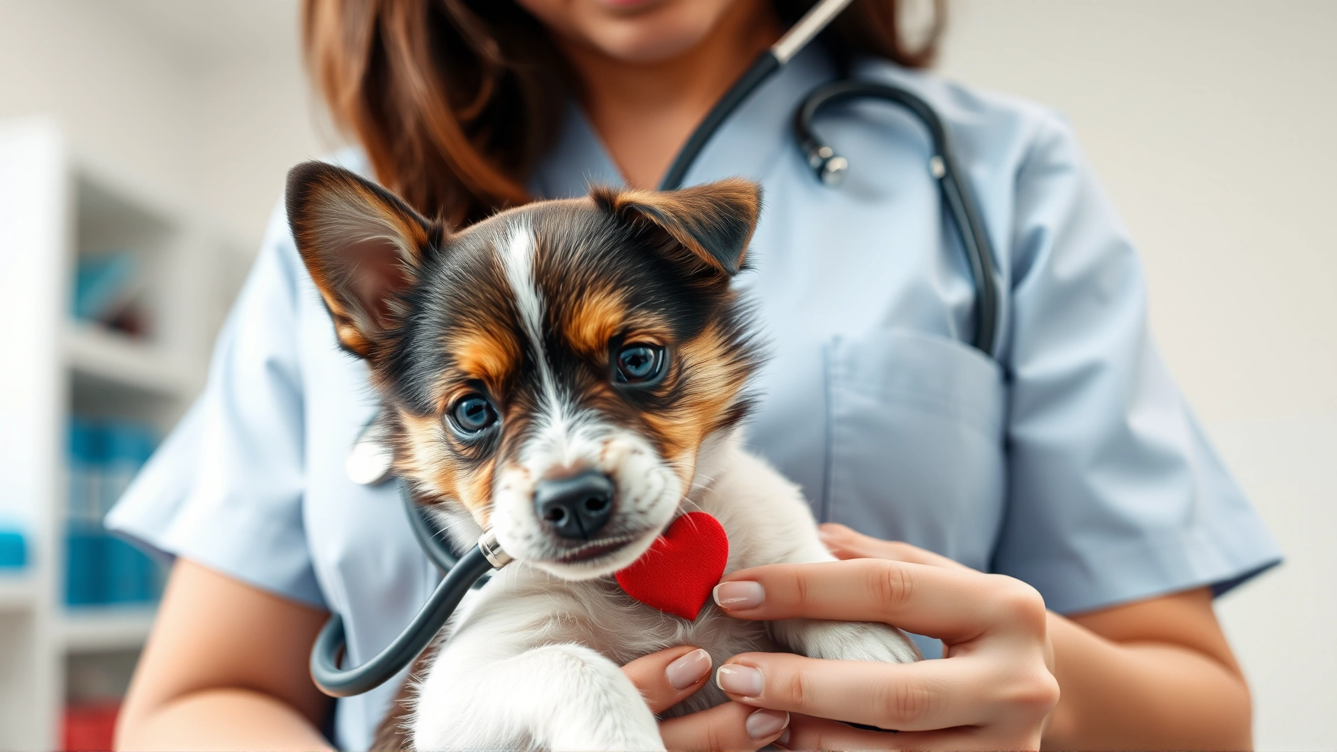 Close-up shot of a veterinarian gently holding a small dog while listening to its heart with a stethoscope in a bright clinic environment, high-resolution, no text.