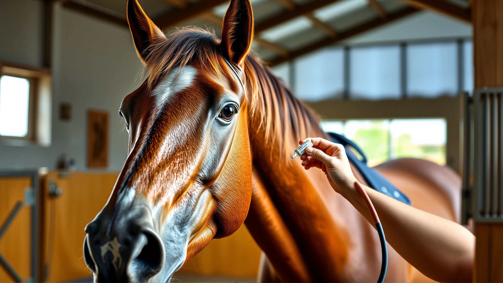 Wide shot of a majestic horse being examined by a veterinarian holding a small medicine vial, bright stable background, natural light