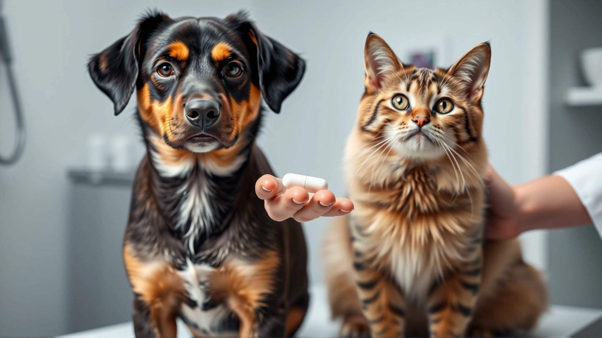 Calm dog and cat sitting together on a veterinary examination table while a veterinarian's hand offers a white pill, bright clinic environment, shallow depth of field.