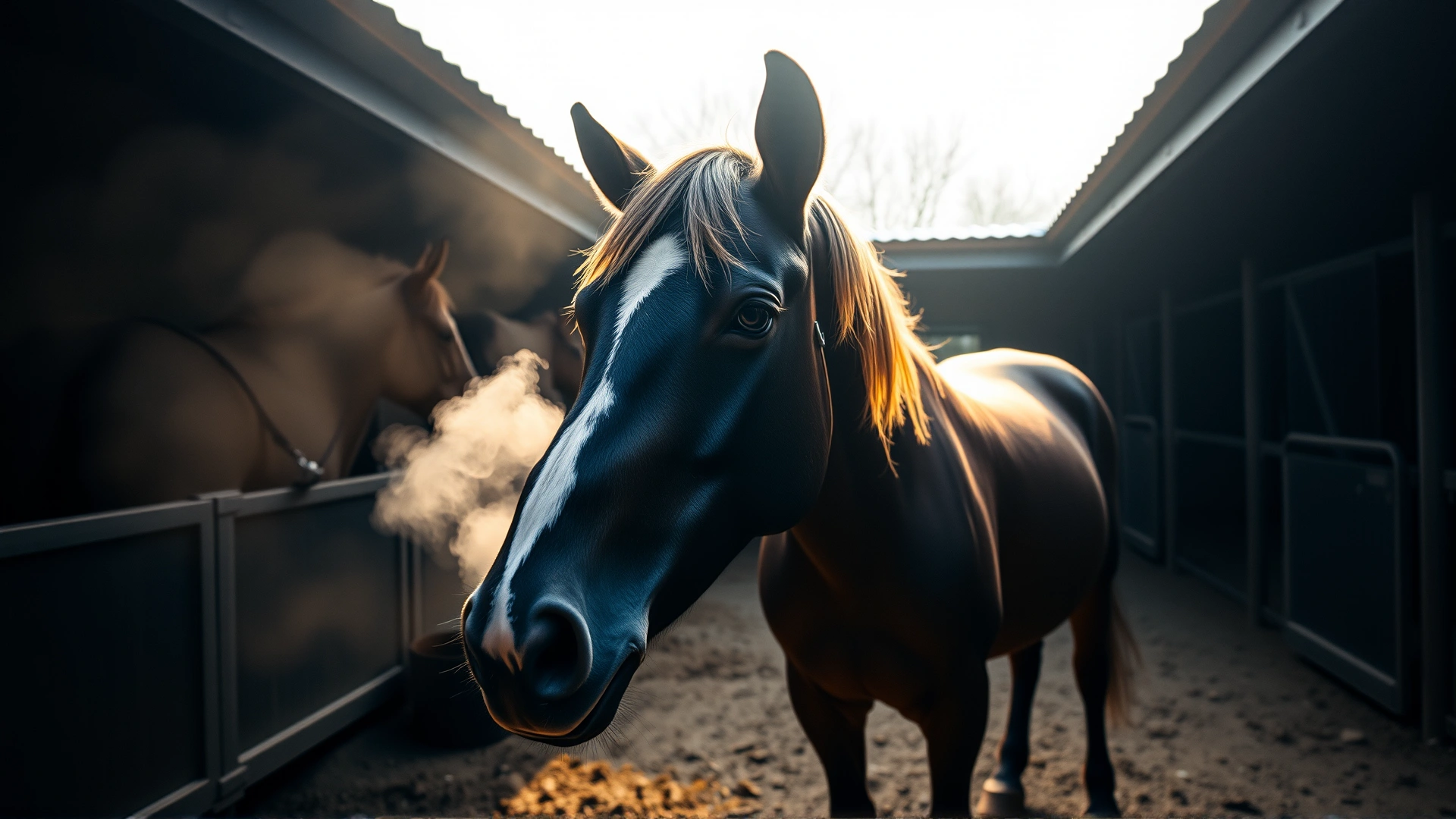 Wide-angle shot of a healthy horse standing in a stable with visible vapor from breath on a cool morning, symbolizing recovery and vitality