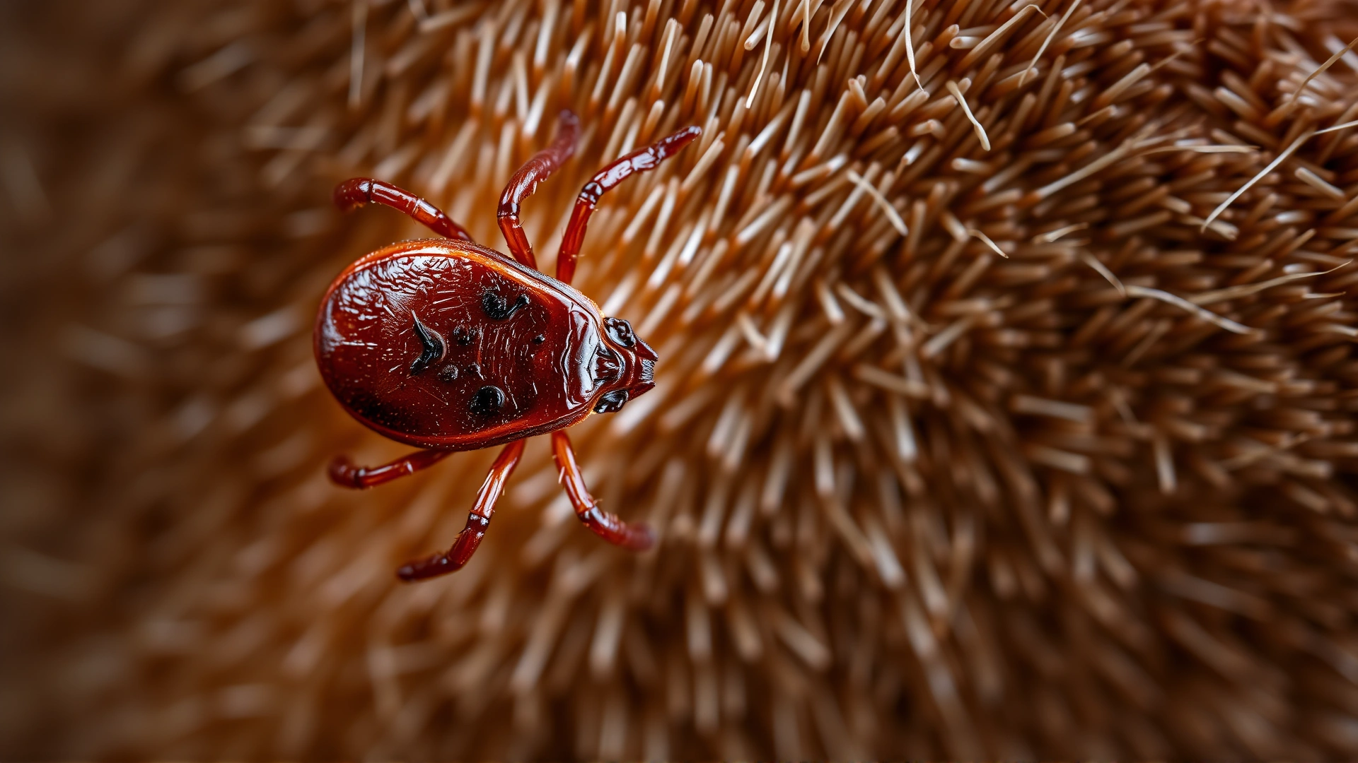 Macro shot of a brown dog tick (Rhipicephalus sanguineus) attached to a dog's skin, with high detail and shallow depth of field to emphasize the parasite.