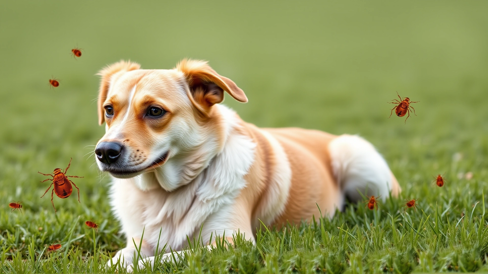 Healthy-looking dog outdoors on green grass with faint overlay of fleas and ticks around, symbolizing parasite exposure (no text)
