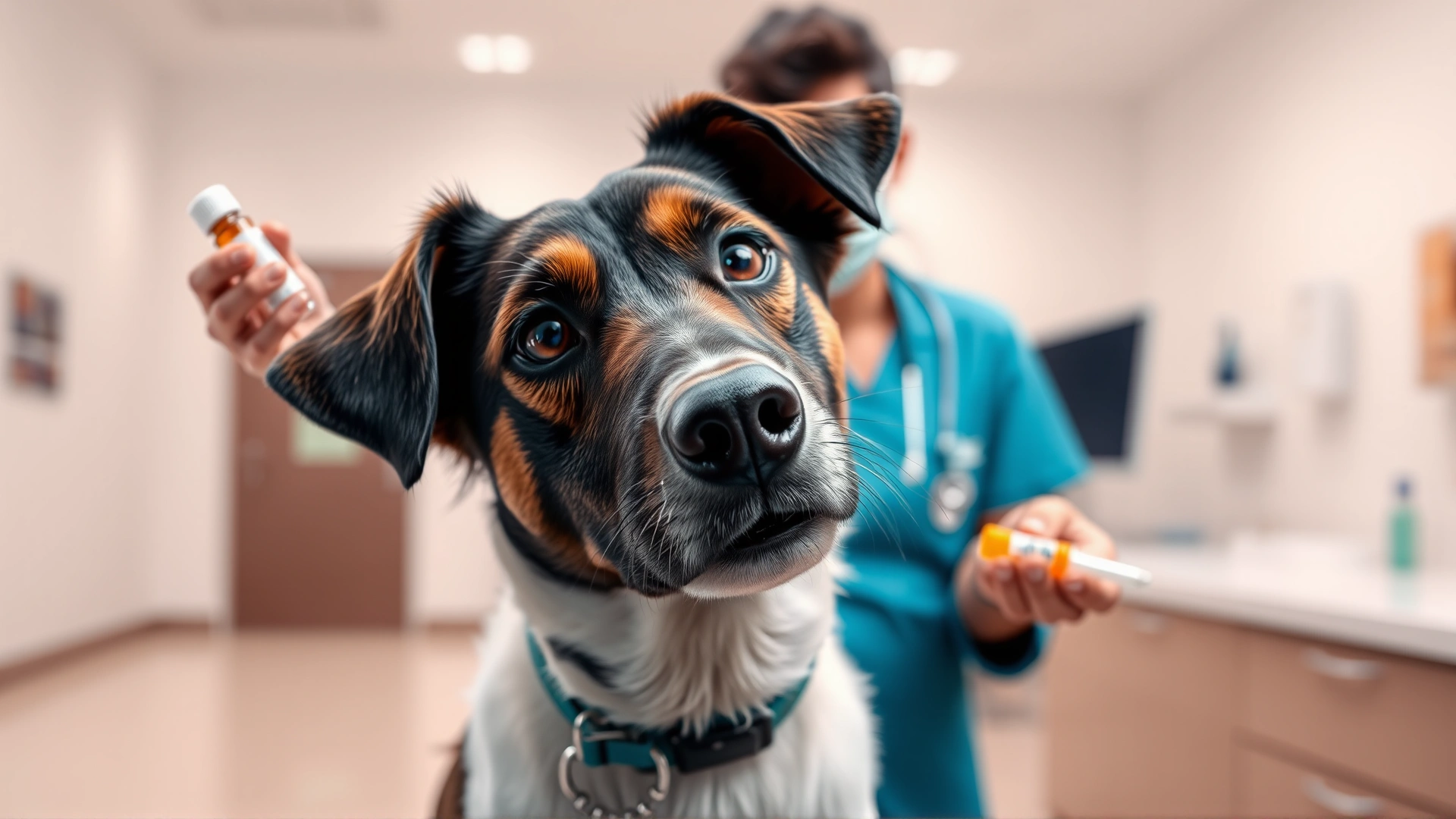 Friendly mixed-breed dog in a modern veterinary clinic, veterinarian gently holding a pill bottle and syringe in the background, warm lighting, shallow depth of field