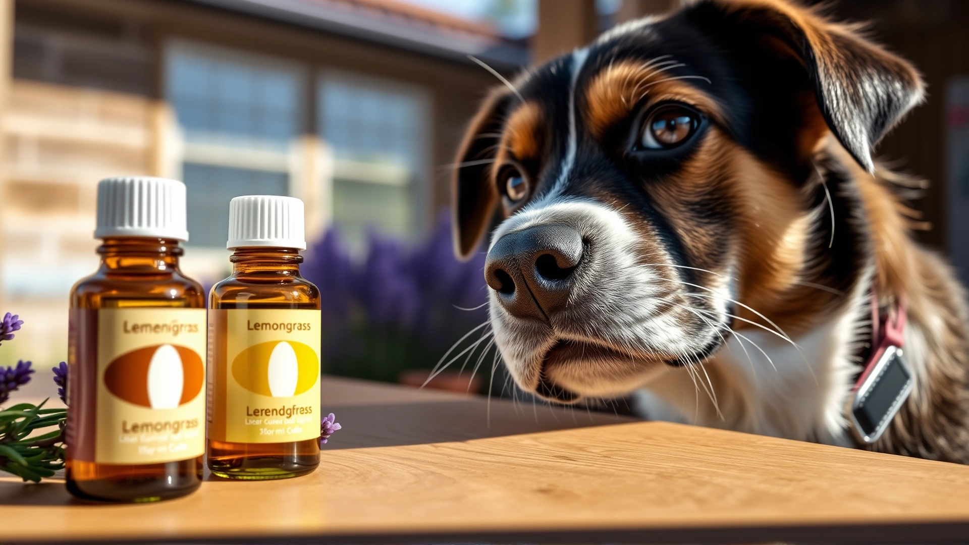 Close-up of curious dog sniffing lavender and lemongrass essential oil bottles on wooden table, sunny background
