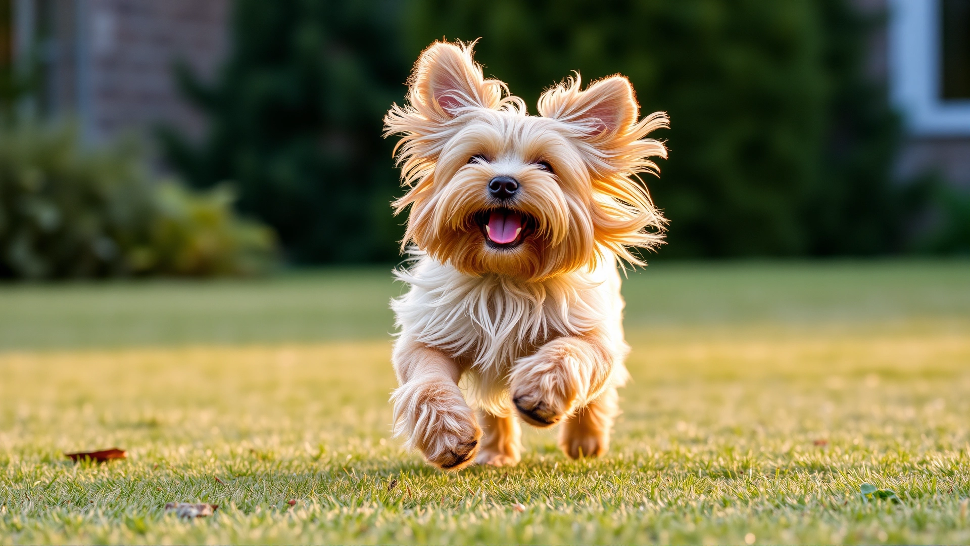 Wide hero shot of an adult Havanese dog running on a grassy lawn, ears flapping and coat flowing, captured during golden hour for warm lighting.