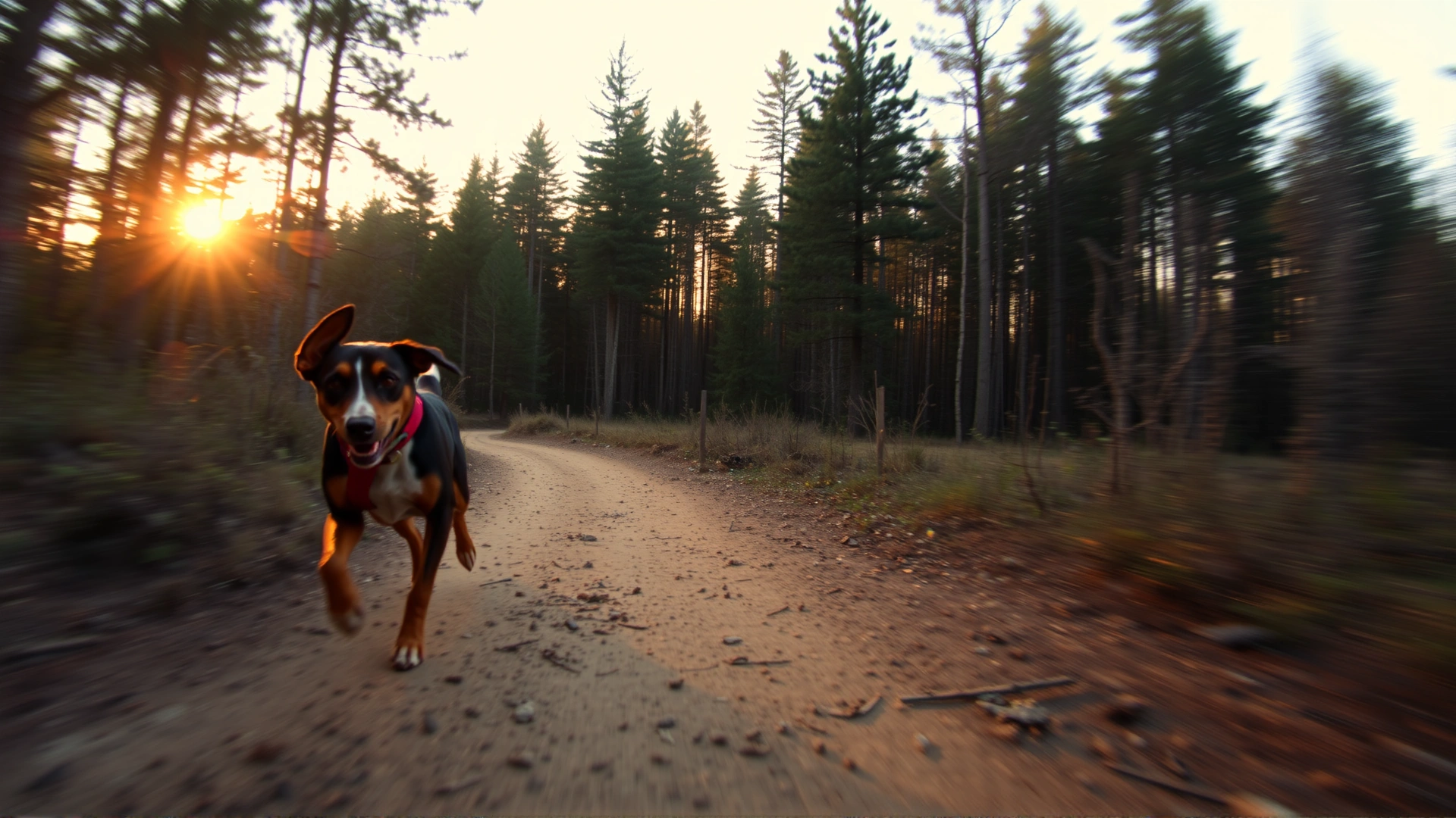 Wide-angle shot of a dog running through a forest trail during sunset, symbolizing outdoor adventure where ticks thrive