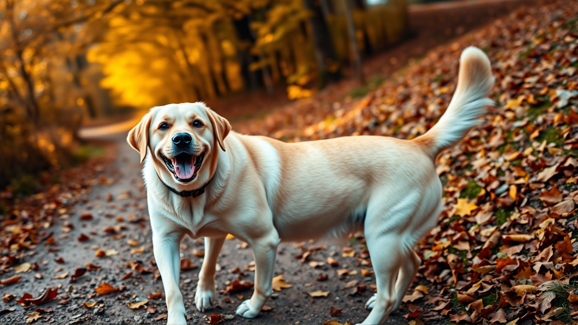 Friendly Labrador retriever walking on a leafy trail in autumn, low-angle shot with warm lighting to evoke an adventurous outdoor mood.