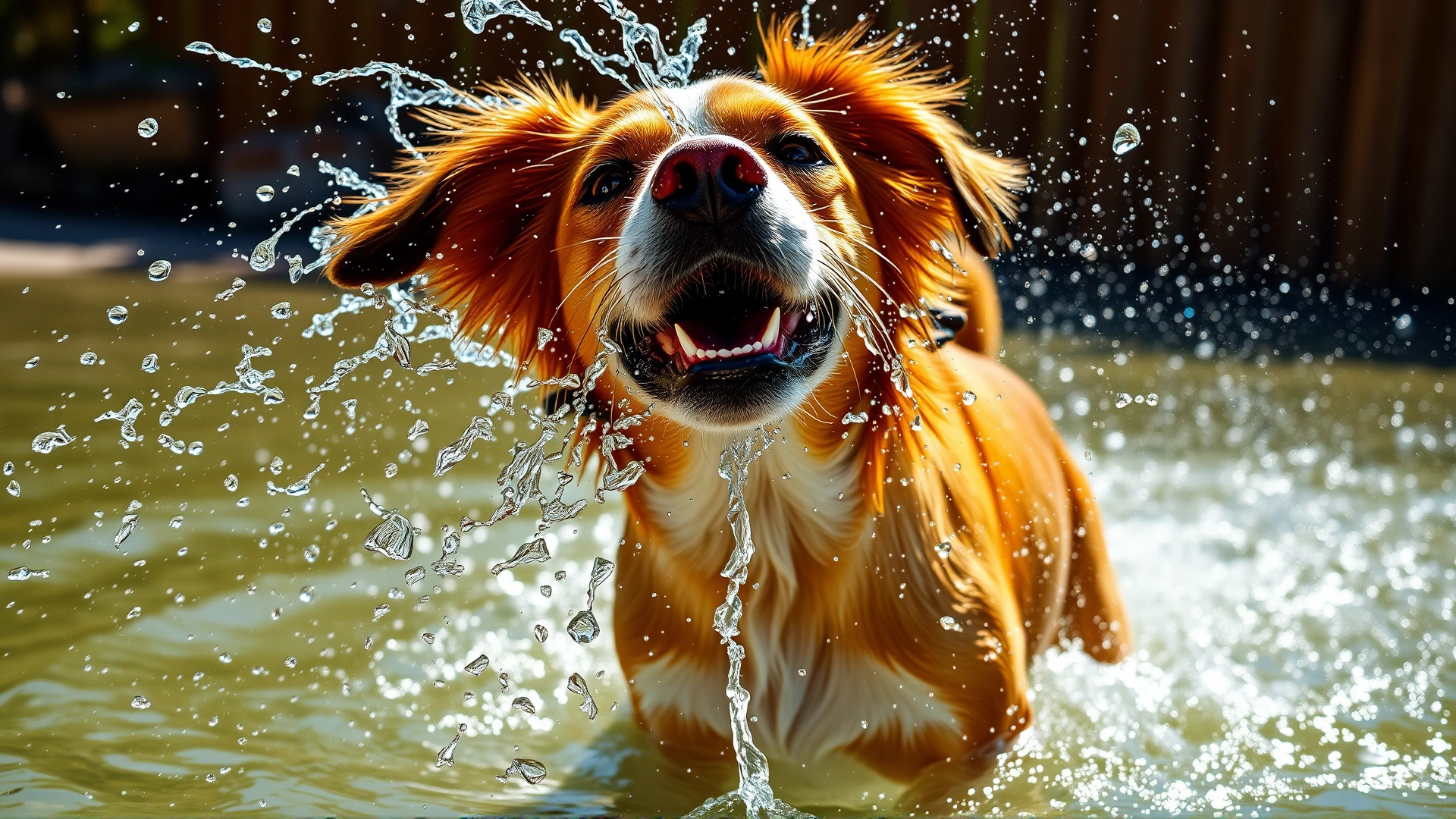 Wide-angle photo of a playful dog shaking off water outdoors, water droplets in the air, capturing action and freshness, high resolution, sunny day