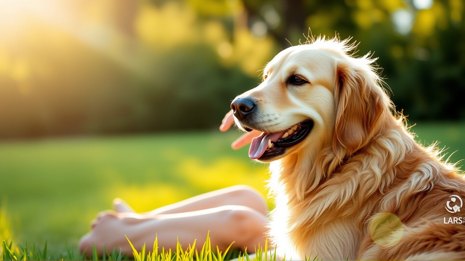 Happy dog owner sitting on a sunny lawn checking their golden retriever's fur for ticks, with warm natural lighting and a slight lens flare. The scene conveys care and preventive action.