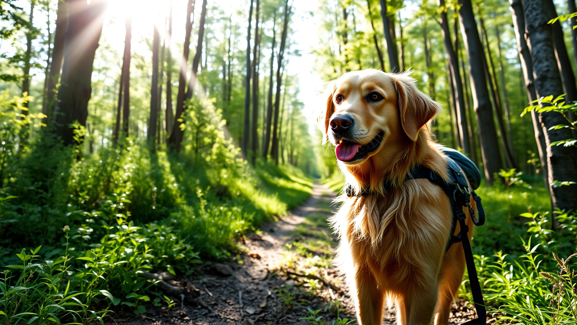 Golden retriever wearing a hiking harness standing in a lush green forest trail with sunbeams, representing outdoor exposure to ticks, no text, high resolution