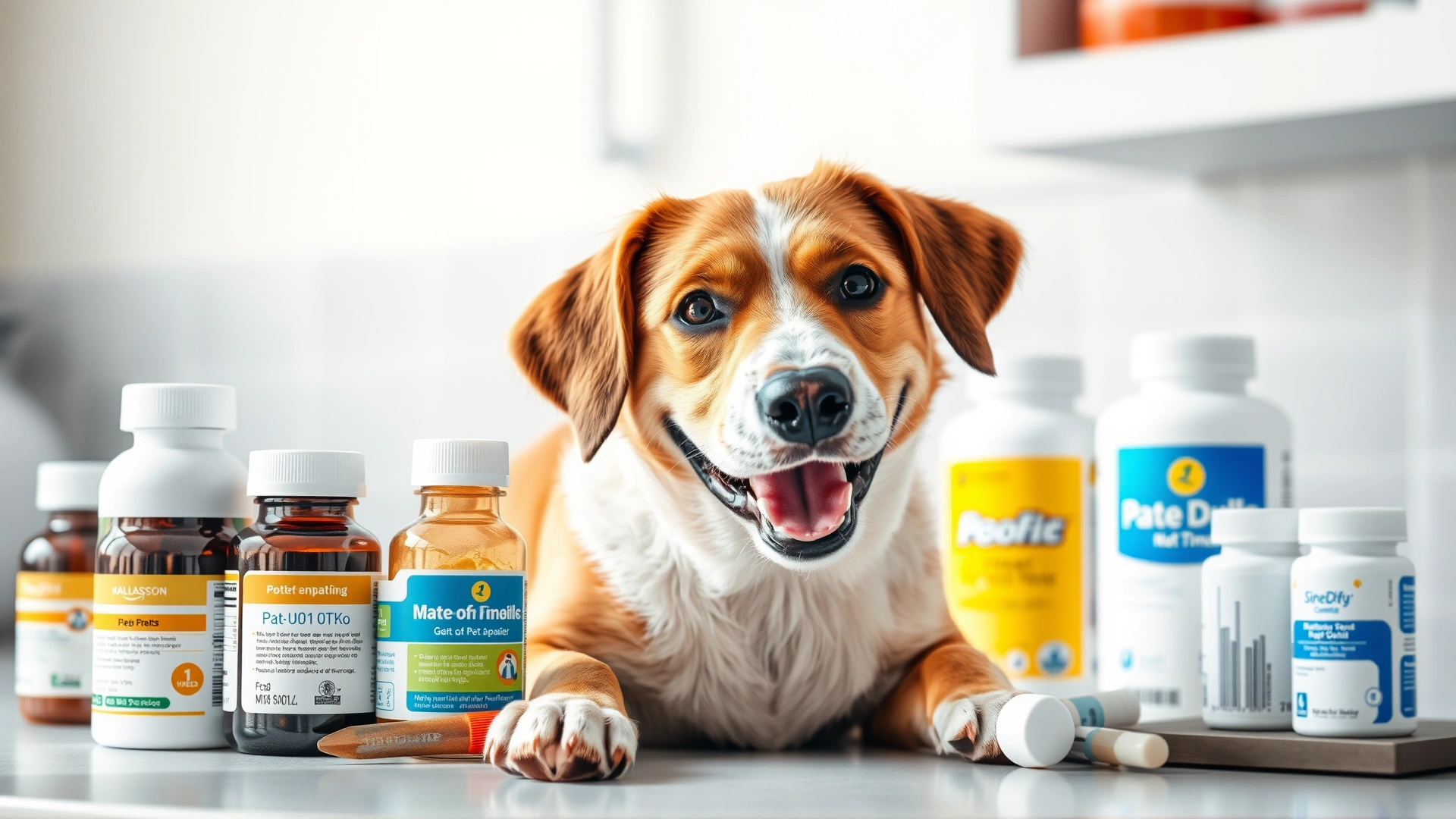 Happy dog sitting next to neatly organized pet medication bottles on a countertop with soft natural lighting