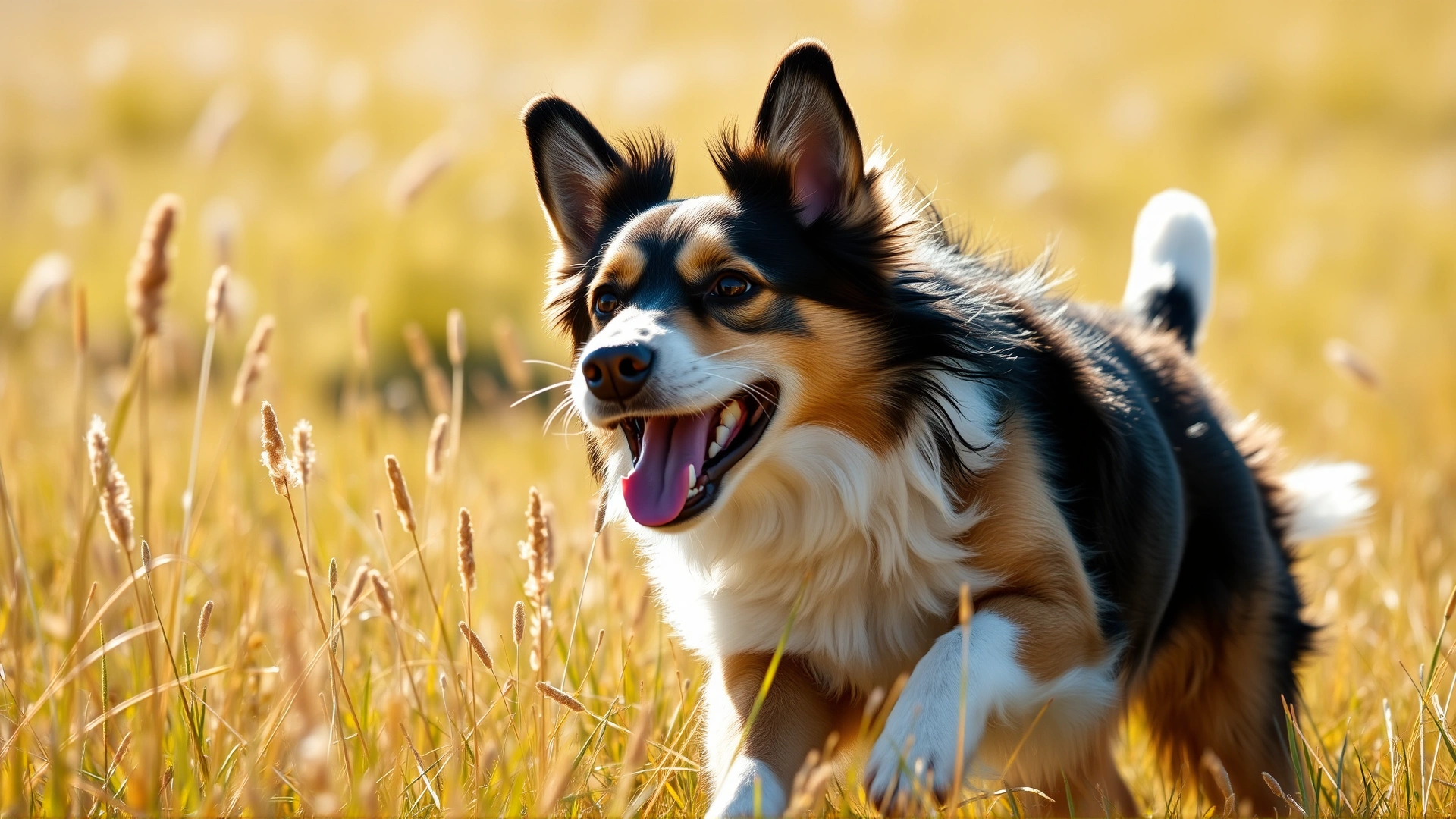 Playful mixed-breed dog running through a sunlit meadow with tall grass, captured at a low angle to emphasize the surroundings.