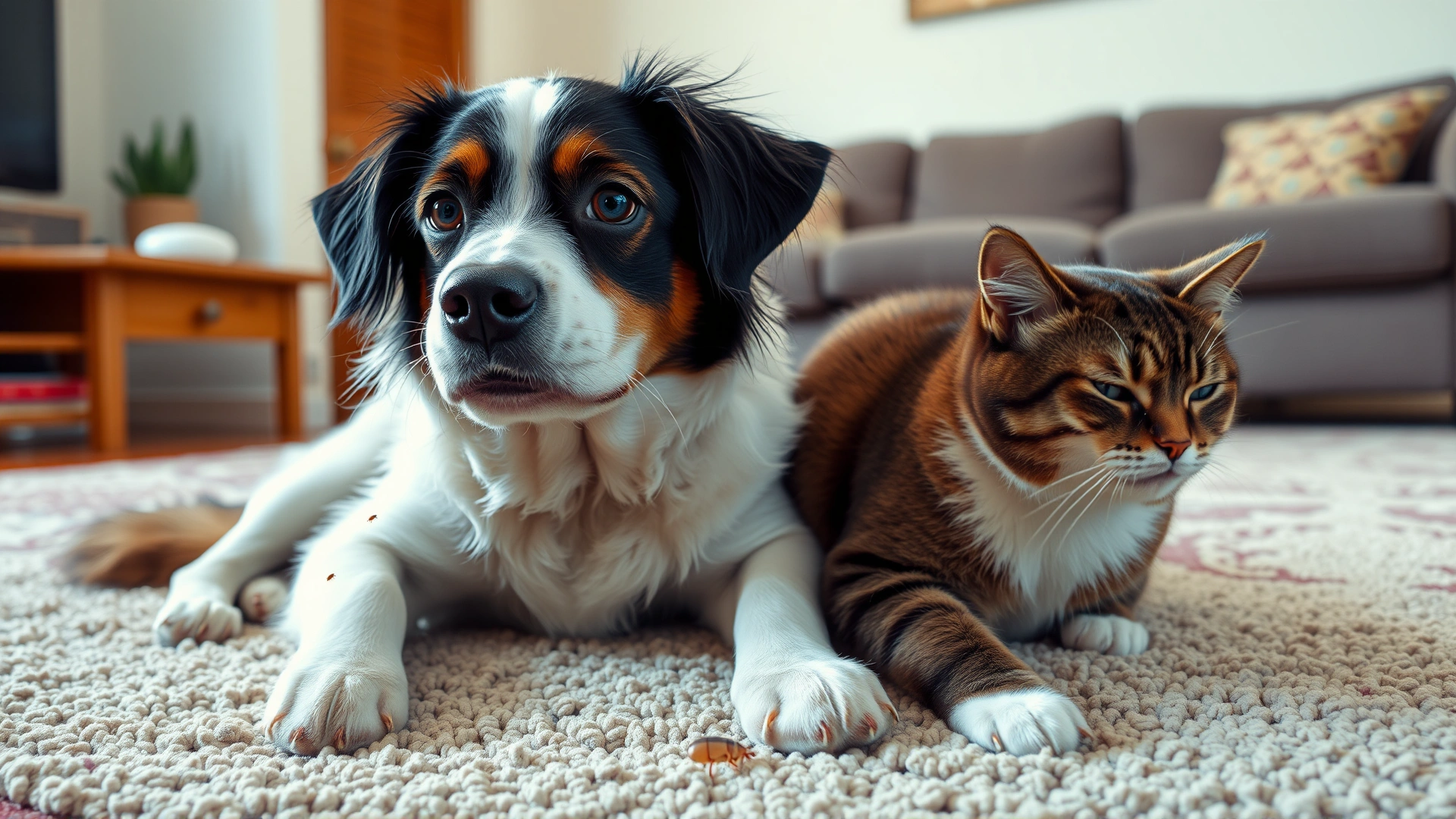 High-resolution photo of a dog and cat sitting together on a living room rug, with visible fleas illustrated as small dark dots on their fur, conveying the shared risk of infestation.