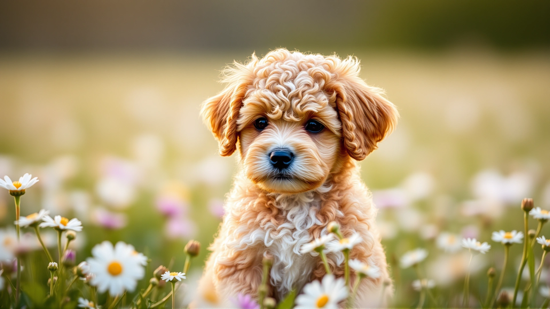 Close-up of an Irish Doodle puppy with a curly apricot coat sitting in a flower-filled field, looking curiously at the camera with soft backlighting.