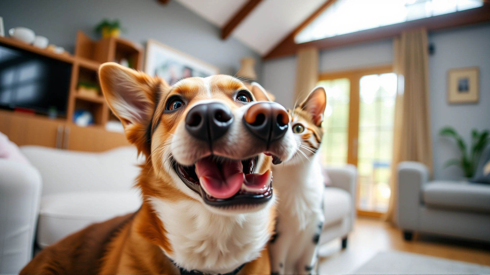 Close up of a joyful dog and curious cat looking toward the camera in a bright living room; conveys pet well-being and catches attention.