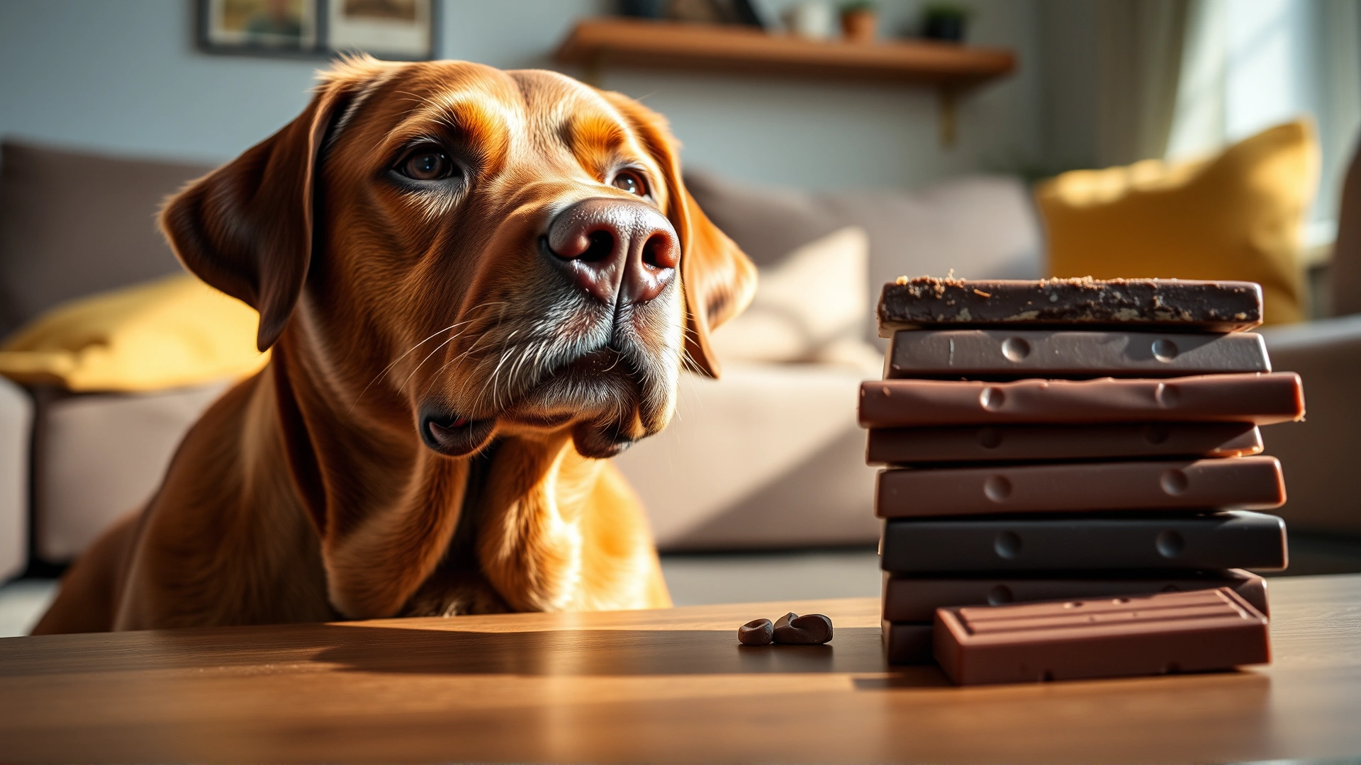Close-up of a brown Labrador looking longingly at a stack of assorted chocolate bars on a living-room coffee table, warm natural lighting, high resolution