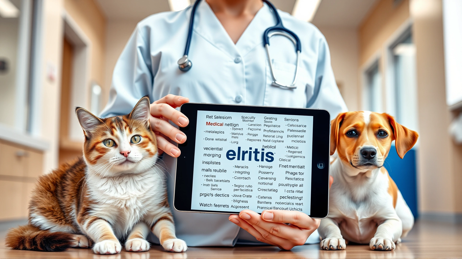 Wide-angle shot of a veterinarian holding a tablet displaying medical terms, with a cat and dog sitting on each side on a bright clinic background.