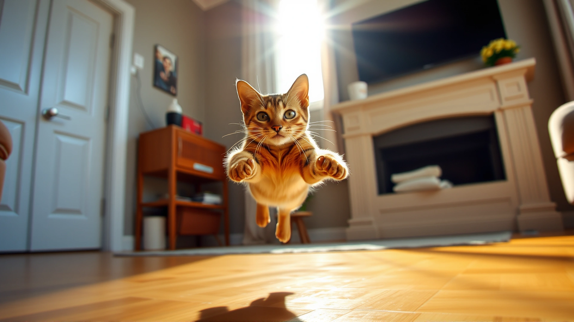 Wide-angle image of an Abyssinian cat leaping gracefully across a sunlit living room, motion frozen mid-air to showcase athleticism.